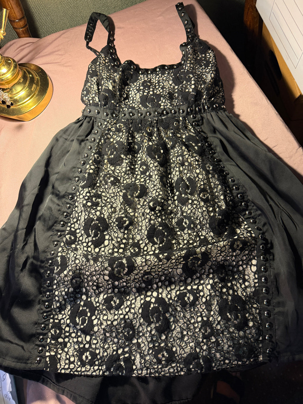 Black Lace & Stud Babydoll Mini Dress
