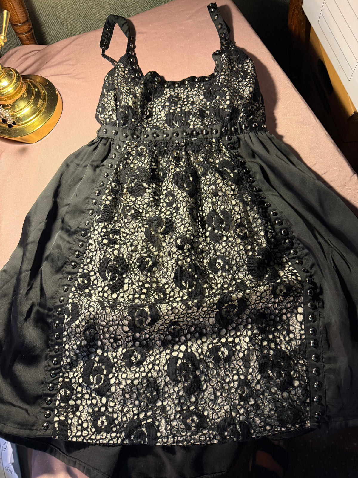 Black Lace & Stud Babydoll Mini Dress