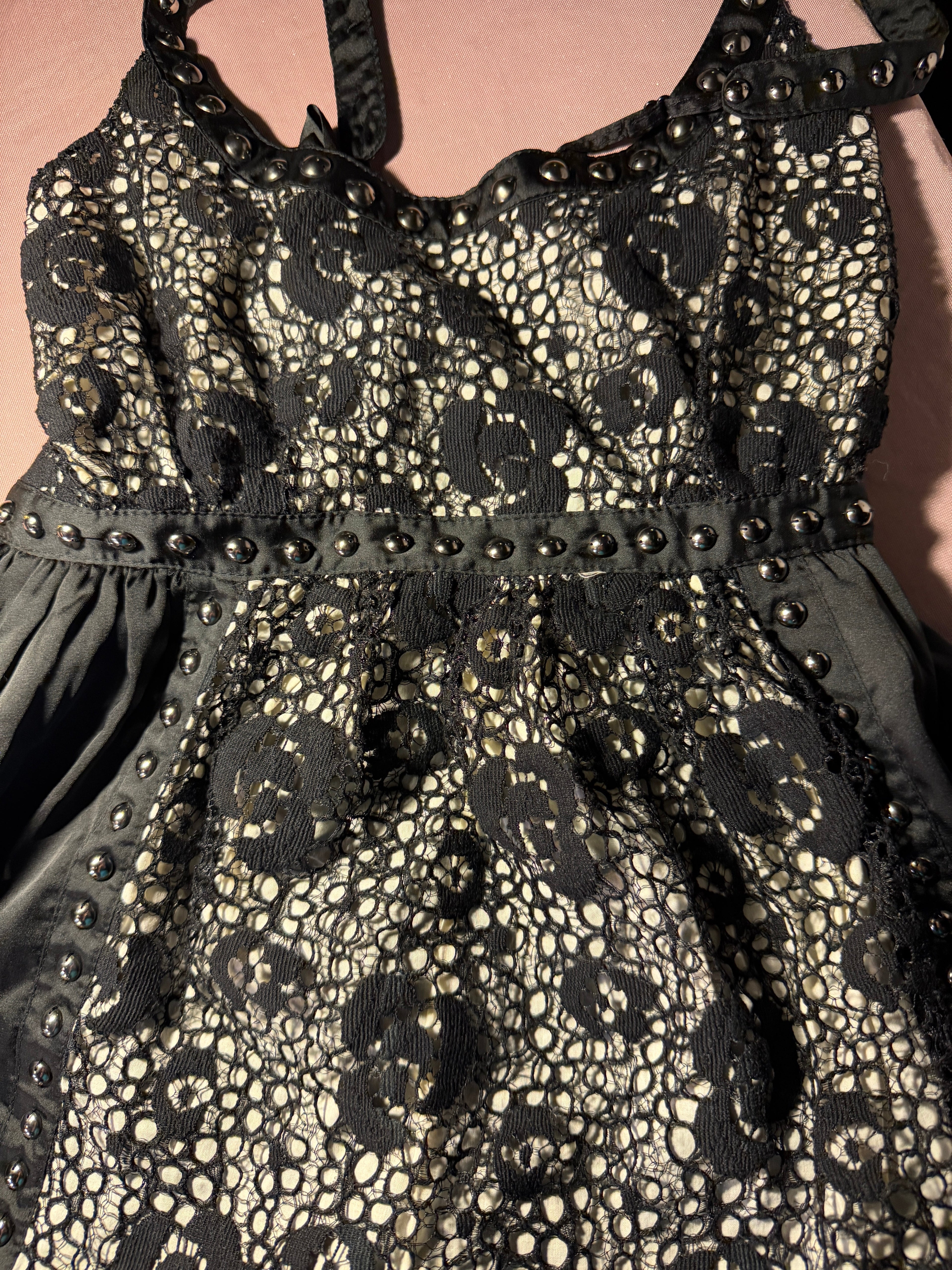 Black Lace & Stud Babydoll Mini Dress