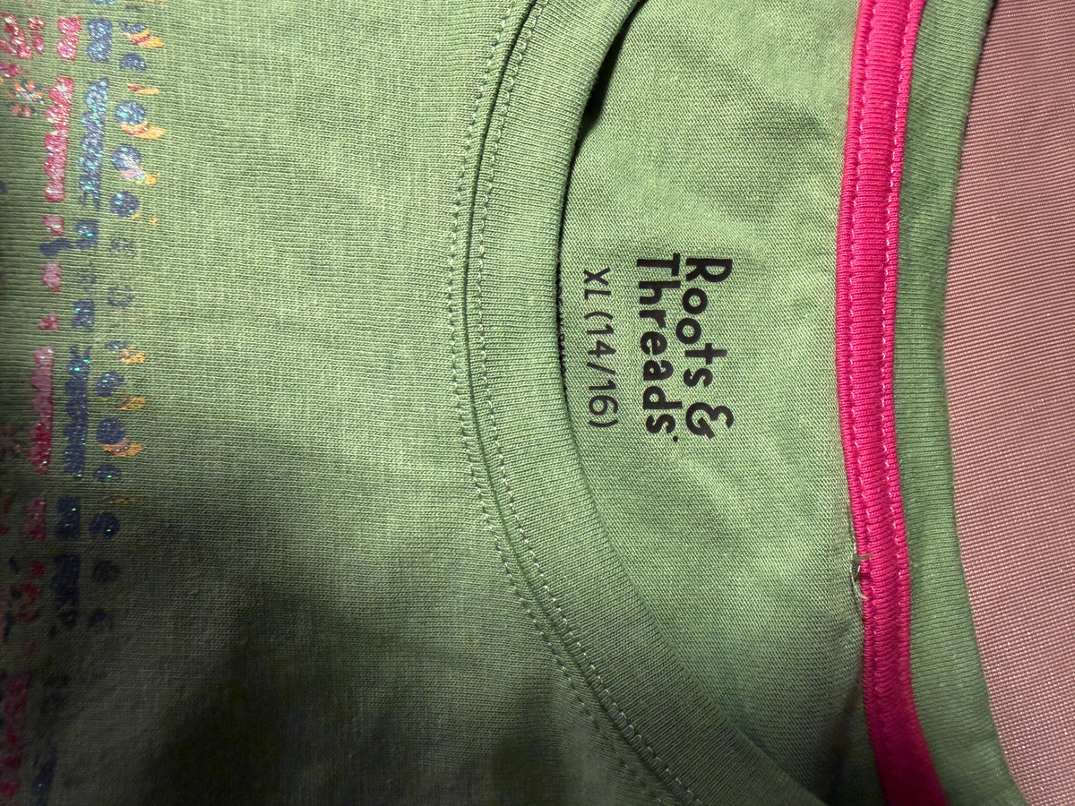 Roots & Threads Green Graphic Tee – XL (14/16)