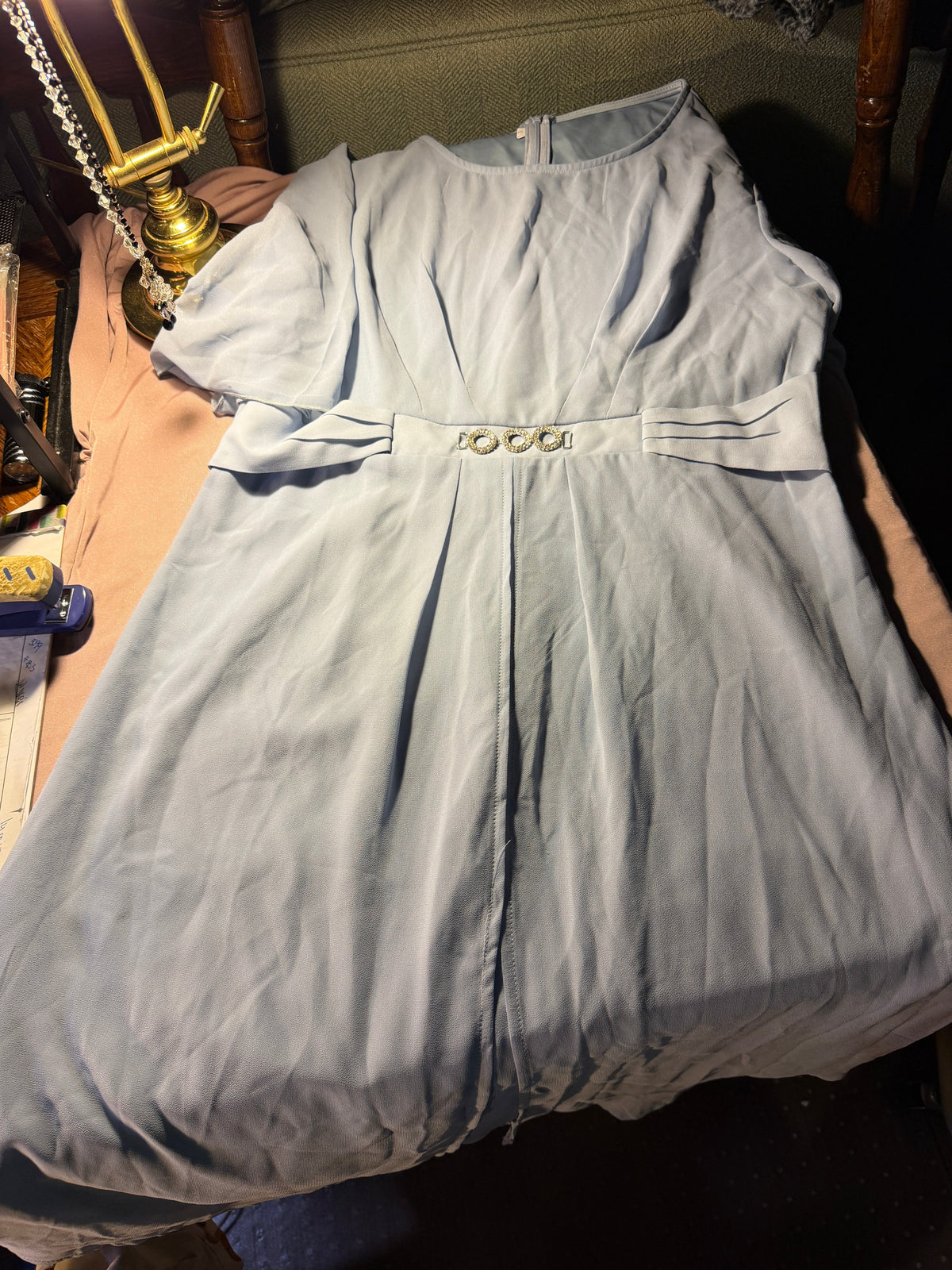 Vintage Light Blue Pleated Chiffon Dress with Rhinestone Belt Size L