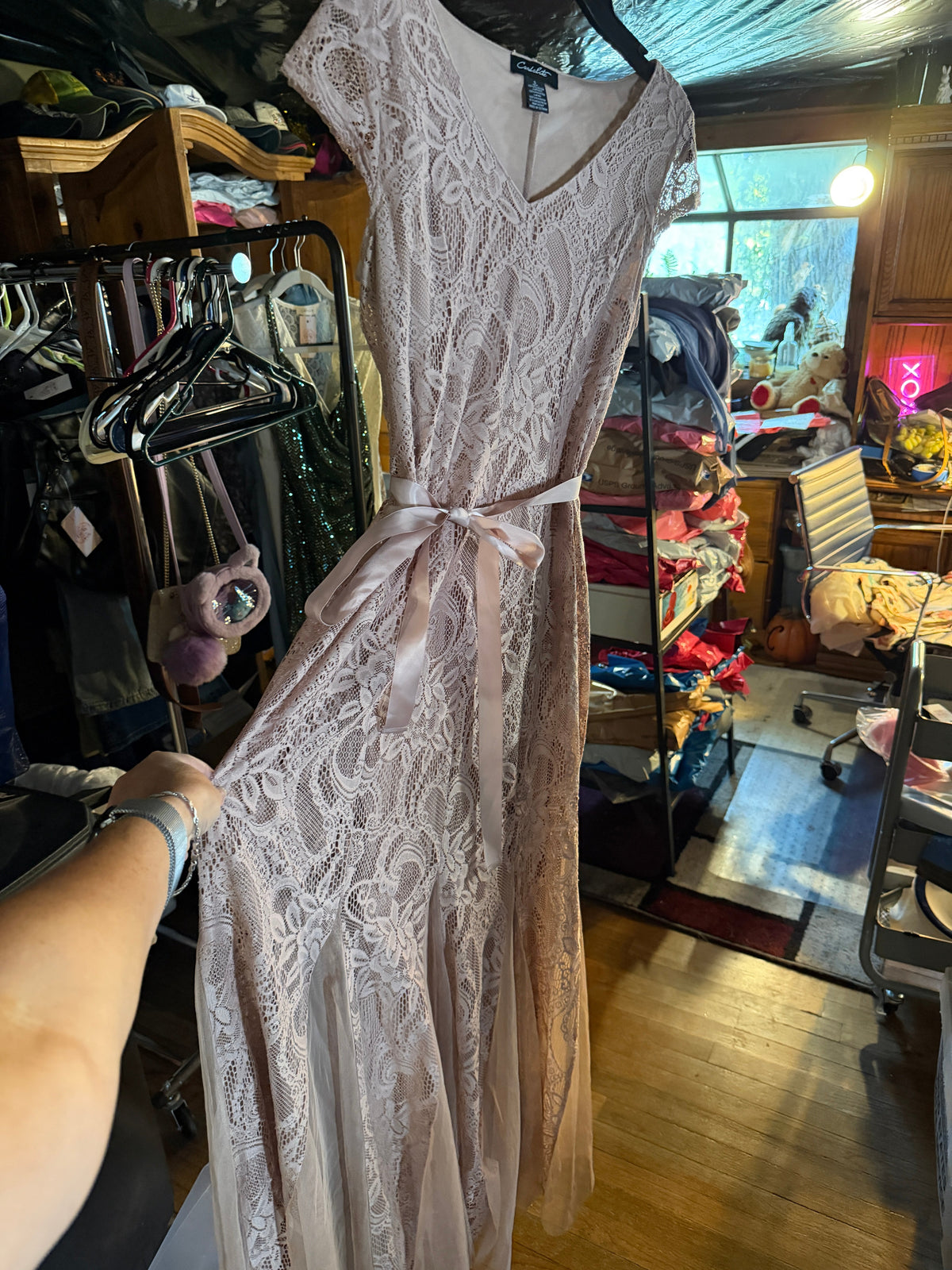 Candalite Blush Lace Maxi Dress – Size S