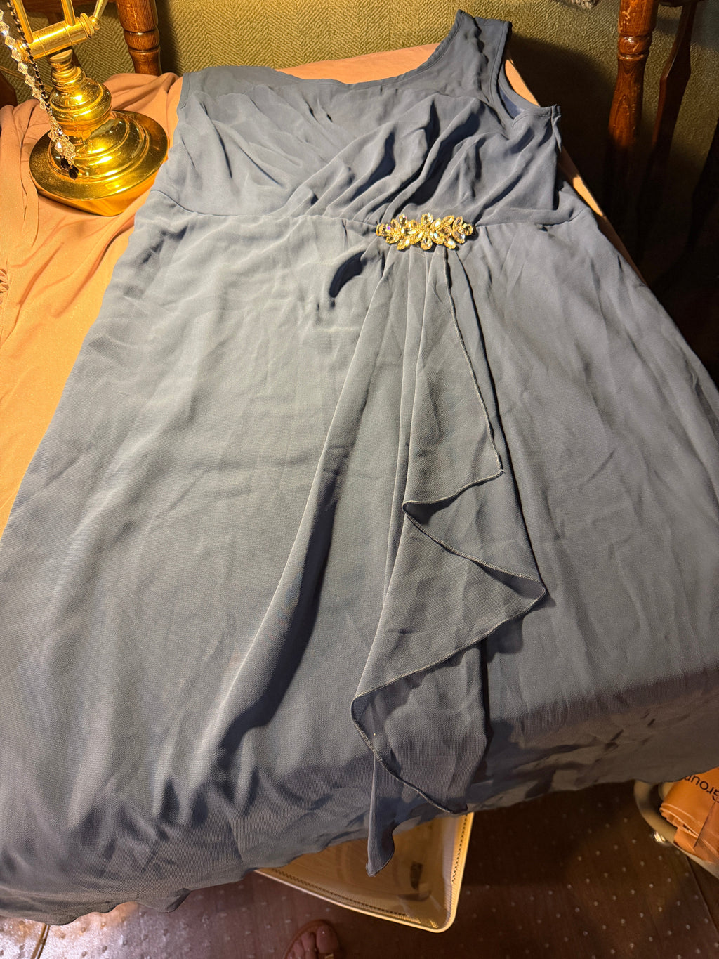 Steel Blue One-Shoulder Chiffon Dress with Jeweled Brooch – Size L