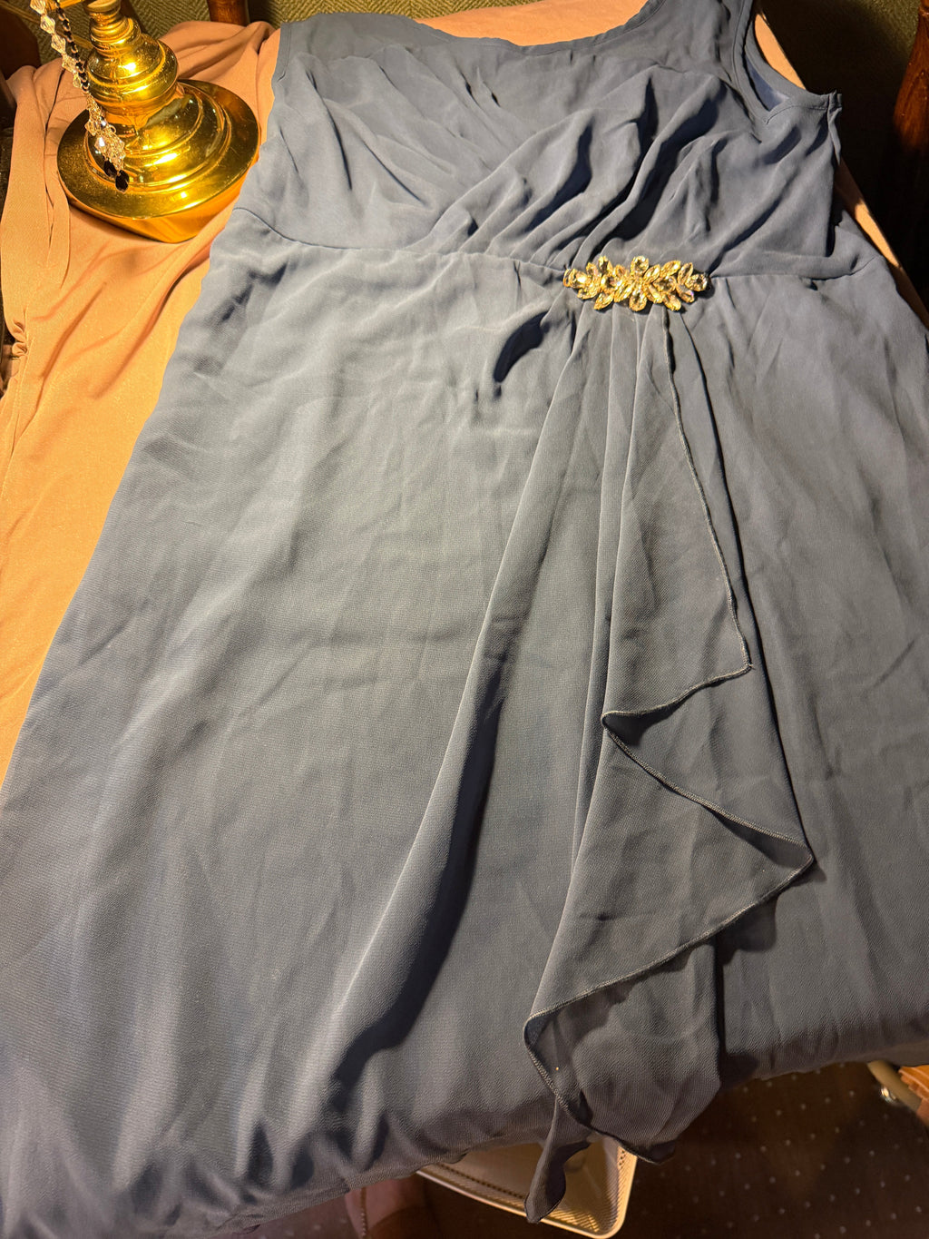Steel Blue One-Shoulder Chiffon Dress with Jeweled Brooch – Size L