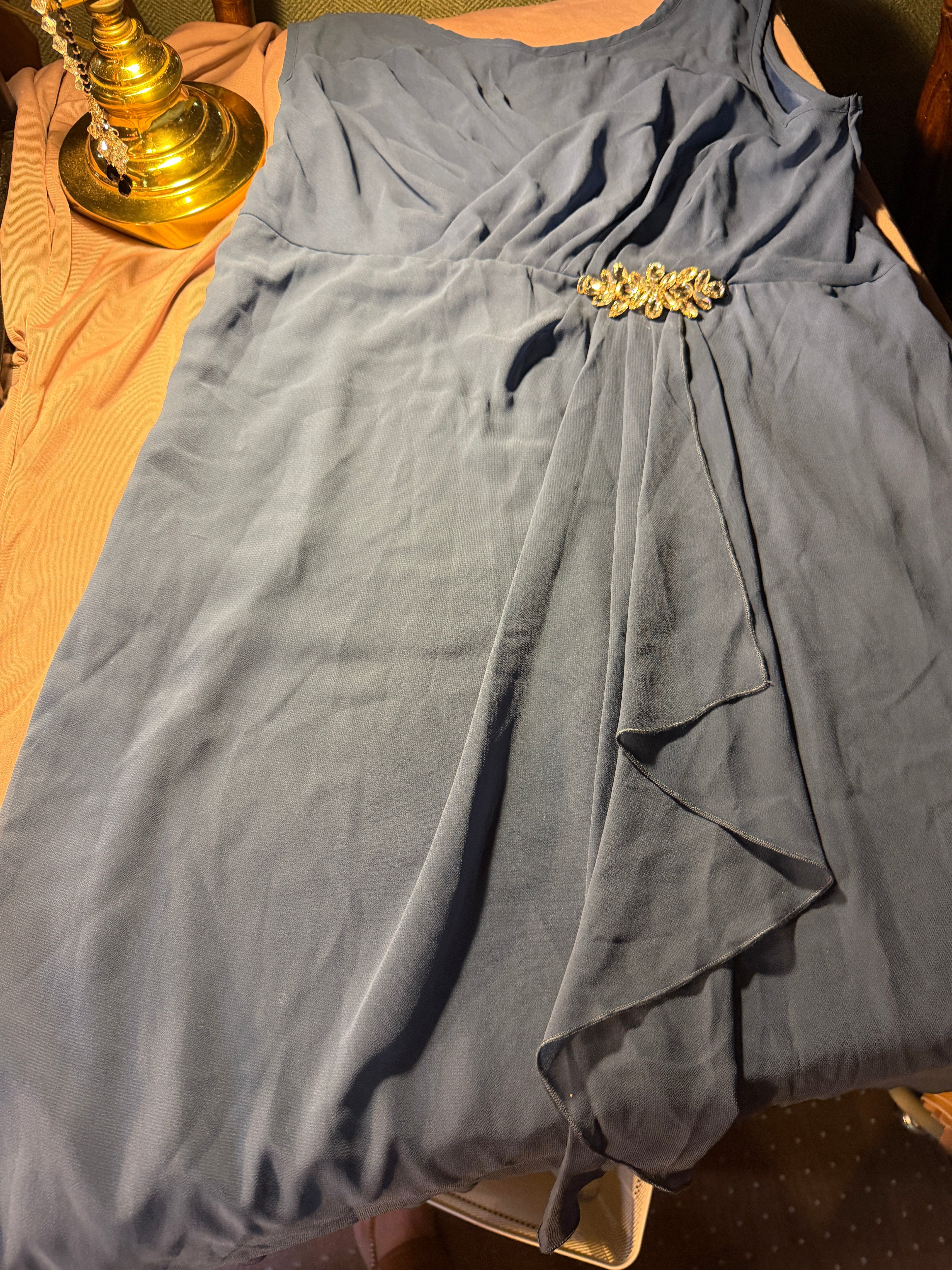 Steel Blue One-Shoulder Chiffon Dress with Jeweled Brooch – Size L