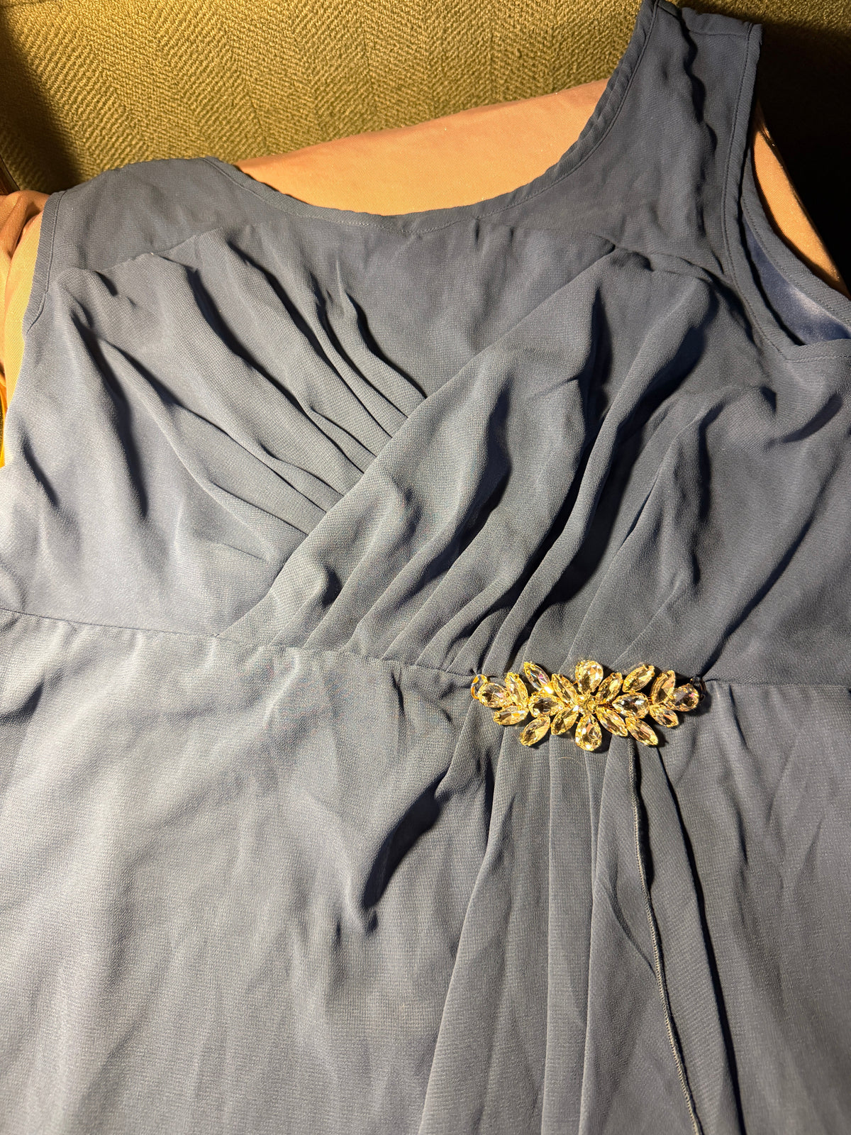 Steel Blue One-Shoulder Chiffon Dress with Jeweled Brooch – Size L
