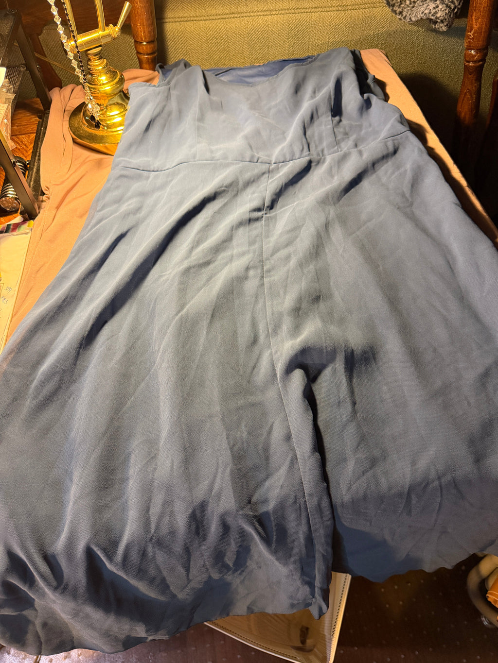 Steel Blue One-Shoulder Chiffon Dress with Jeweled Brooch – Size L