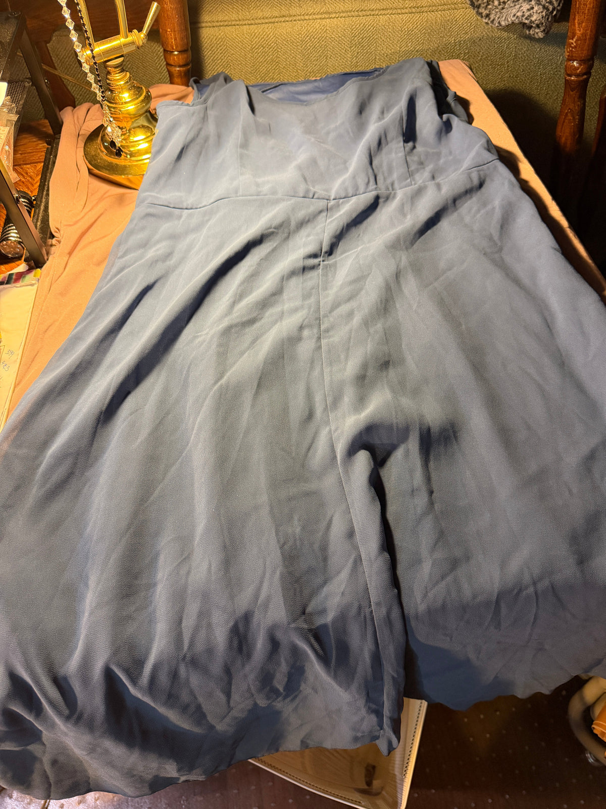 Steel Blue One-Shoulder Chiffon Dress with Jeweled Brooch – Size L
