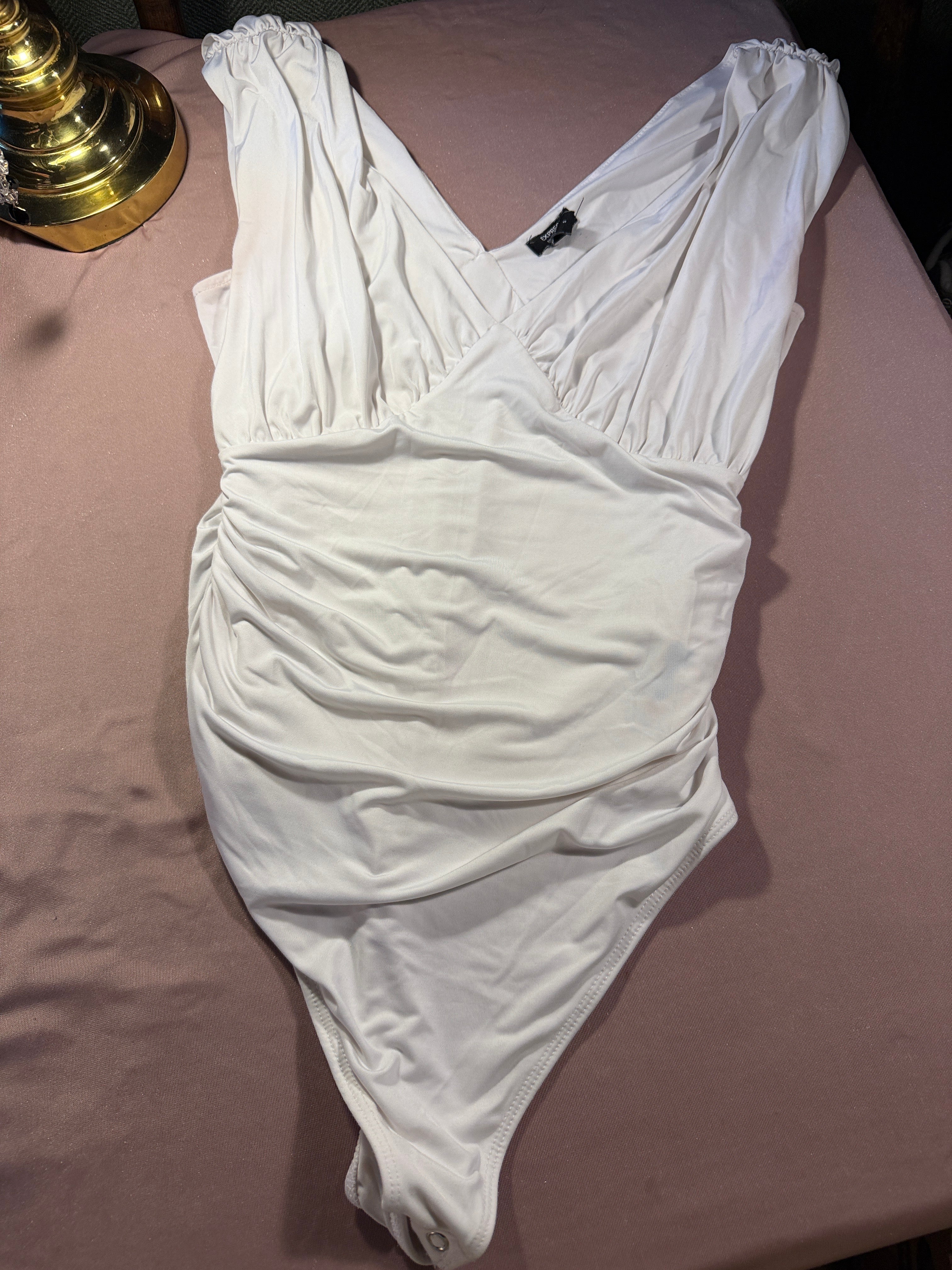 Express Body Contour White Ruched Wrap Bodysuit