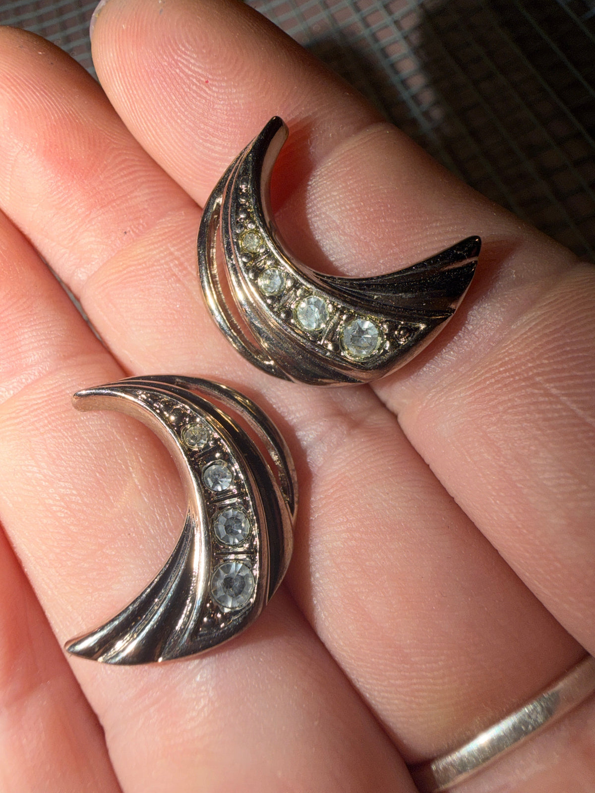 Vintage Silver Rhinestone Crescent Moon Earrings