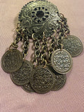 Antique Bronze Filigree Coin Tassel Brooch Pin