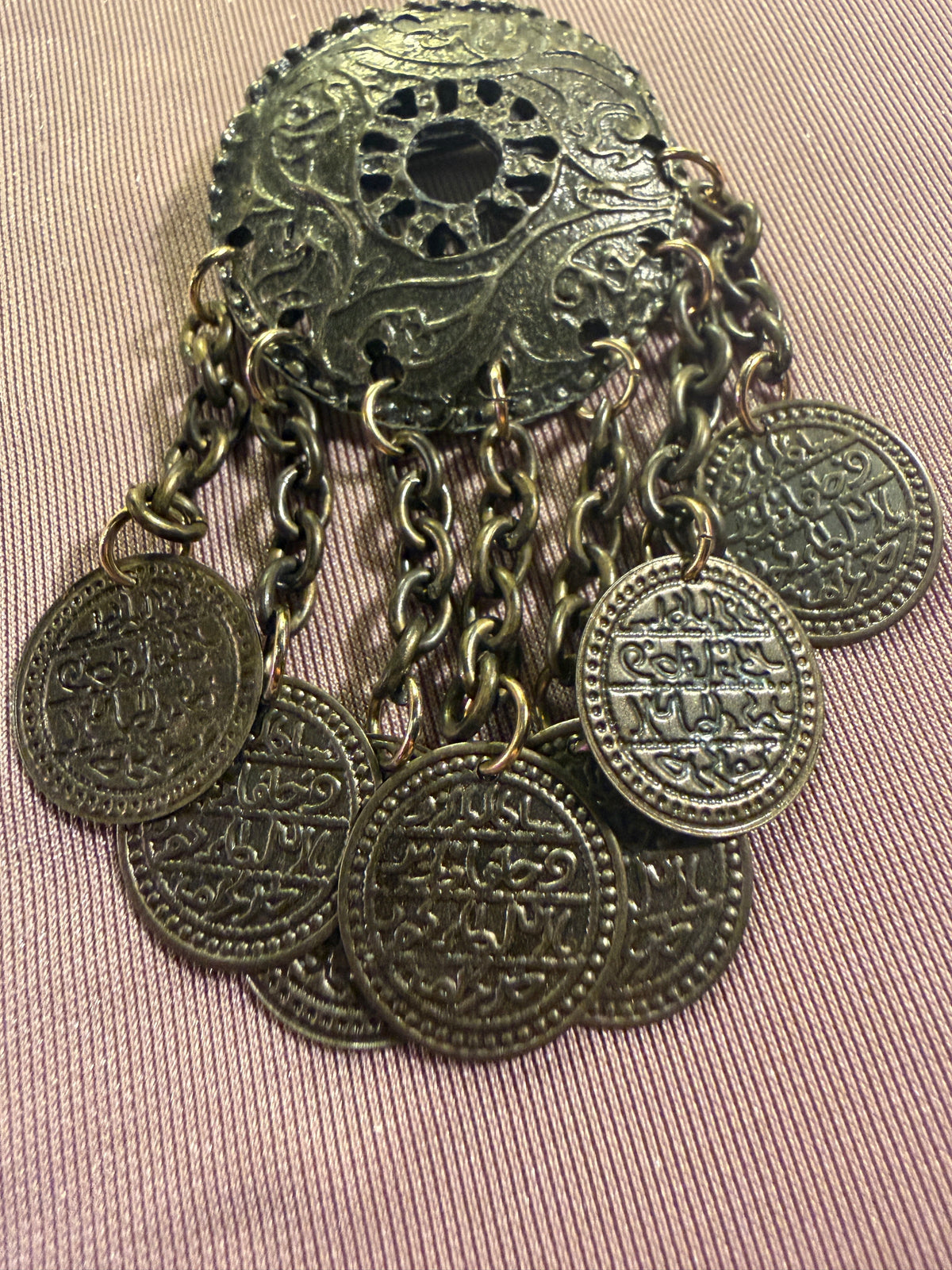 Antique Bronze Filigree Coin Tassel Brooch Pin