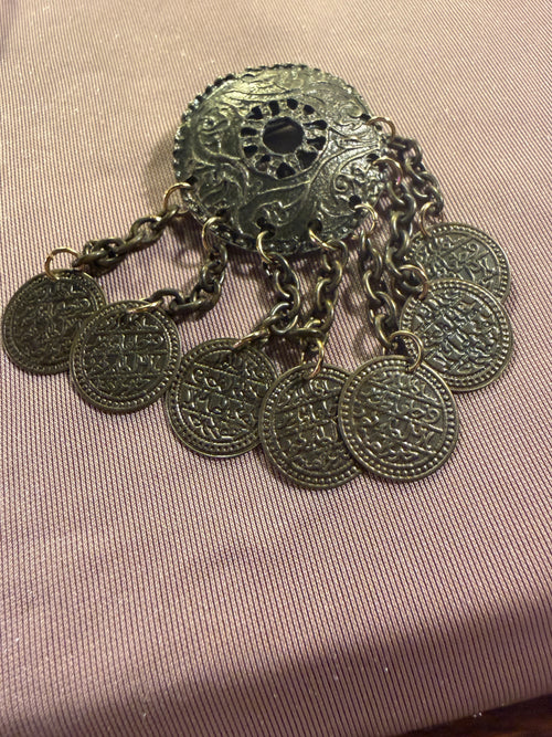 Antique Bronze Filigree Coin Tassel Brooch Pin