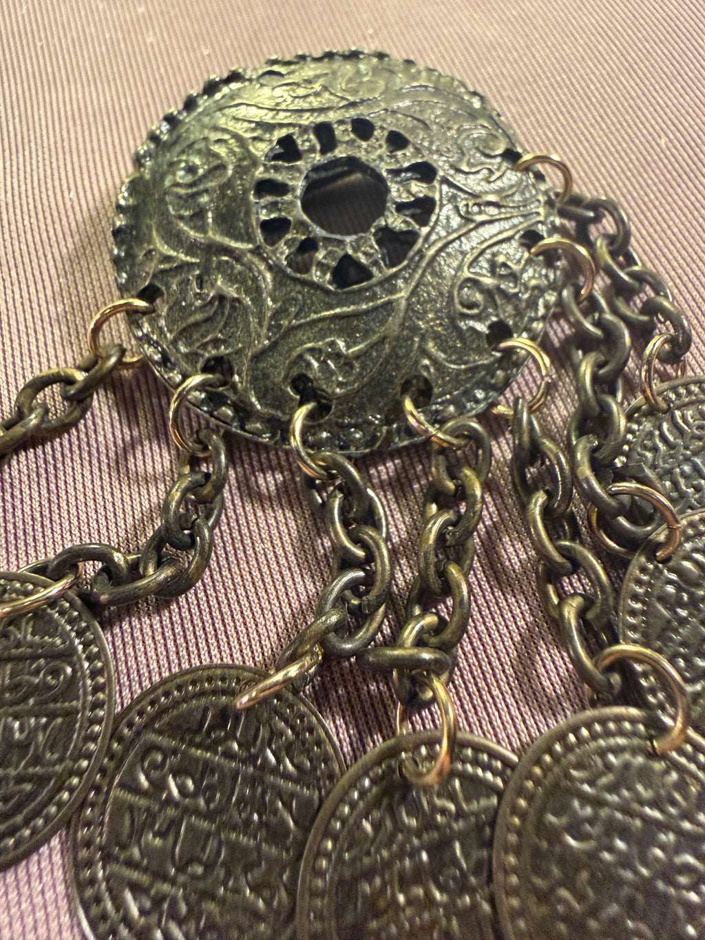 Antique Bronze Filigree Coin Tassel Brooch Pin