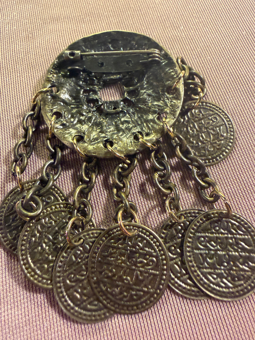 Antique Bronze Filigree Coin Tassel Brooch Pin