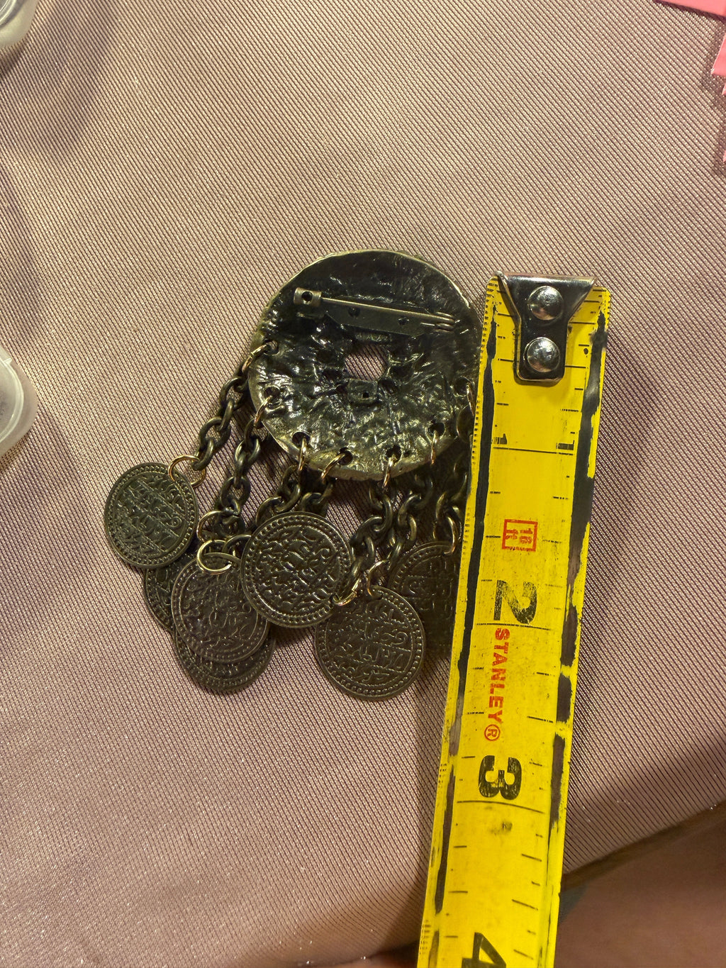 Antique Bronze Filigree Coin Tassel Brooch Pin