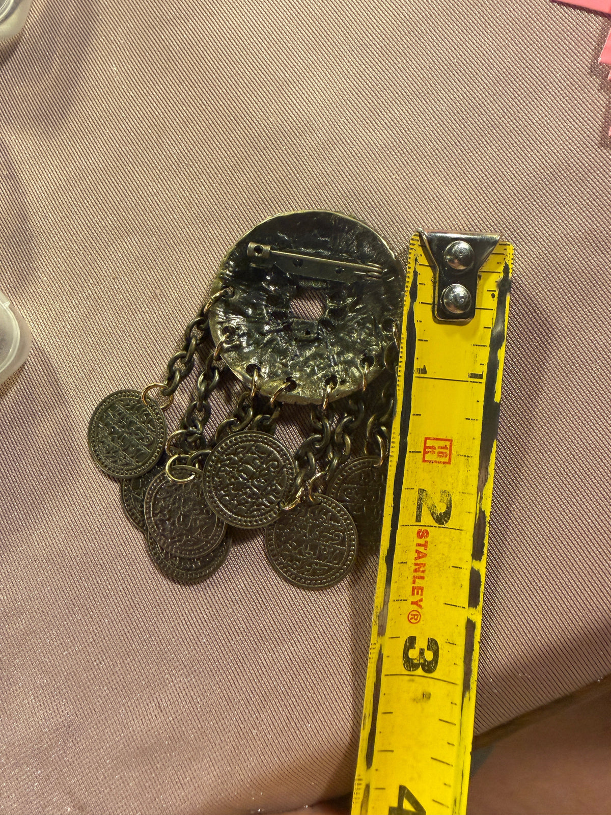 Antique Bronze Filigree Coin Tassel Brooch Pin