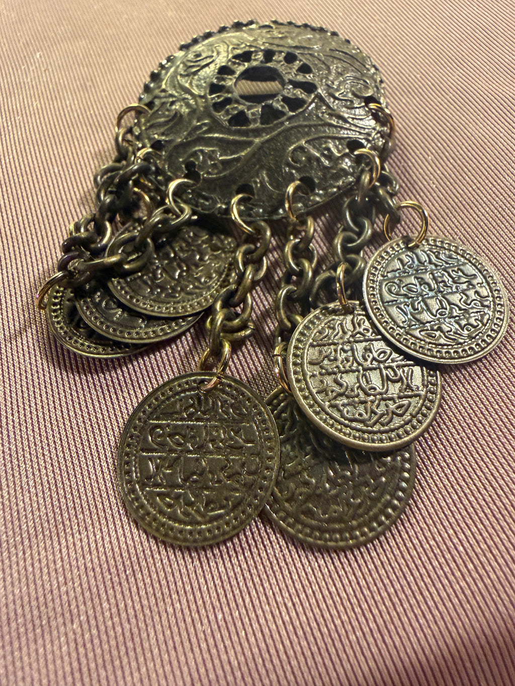 Antique Bronze Filigree Coin Tassel Brooch Pin