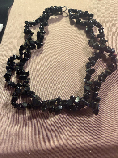 Black Obsidian Chip Stone Double Strand Necklace with Toggle Clasp