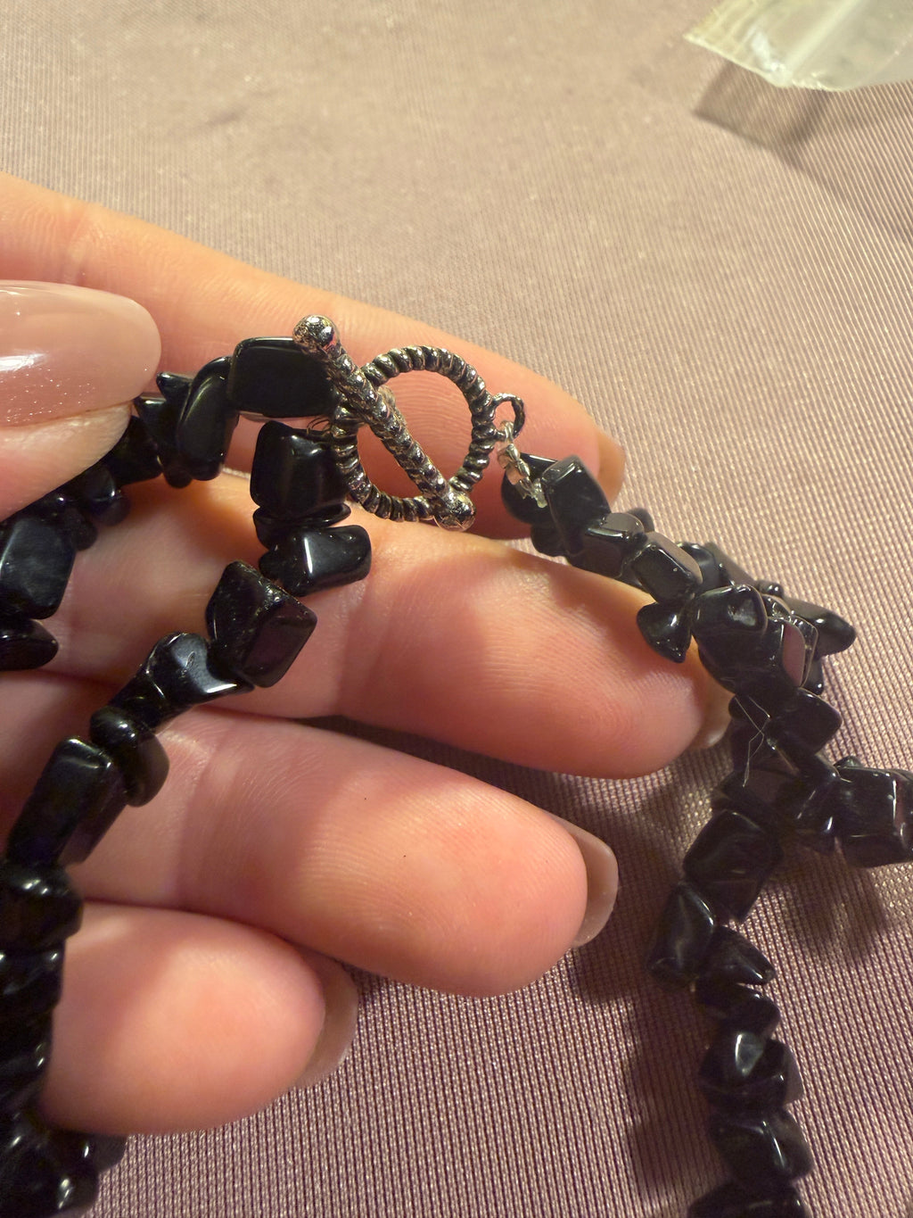 Black Obsidian Chip Stone Double Strand Necklace with Toggle Clasp