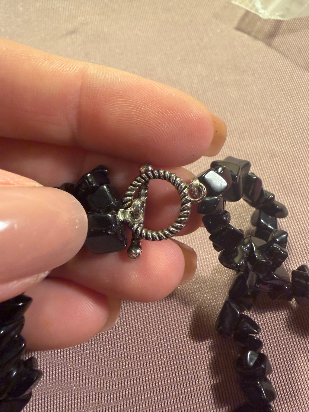 Black Obsidian Chip Stone Double Strand Necklace with Toggle Clasp