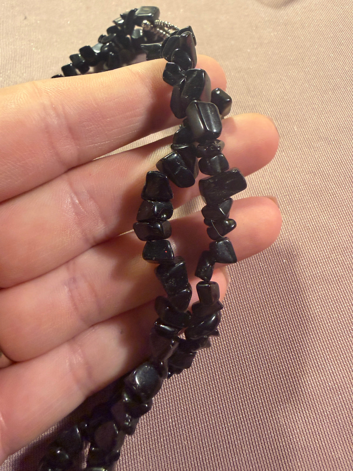 Black Obsidian Chip Stone Double Strand Necklace with Toggle Clasp