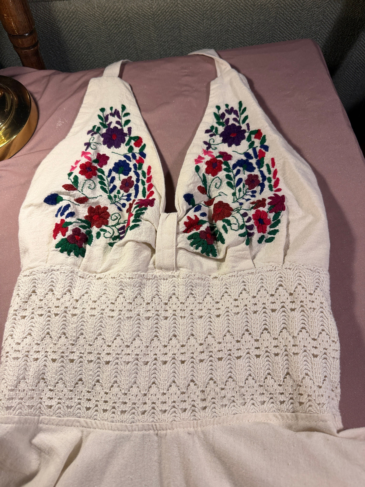 White Embroidered Floral Halter Mini Dress