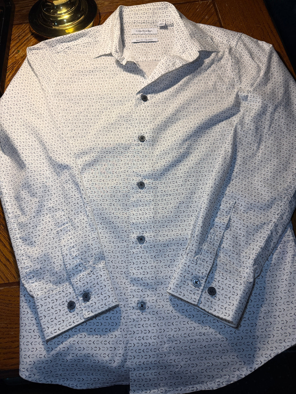 Calvin Klein youth White CK-Print Slim Fit Stretch Dress Shirt – Size 14 Regular
