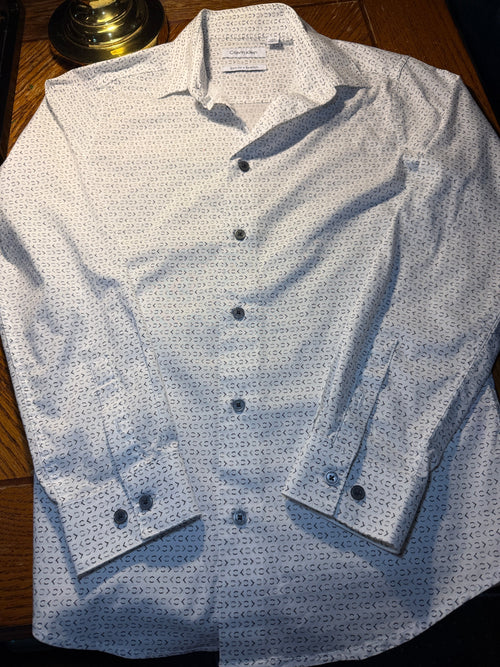 Calvin Klein youth White CK-Print Slim Fit Stretch Dress Shirt – Size 14 Regular