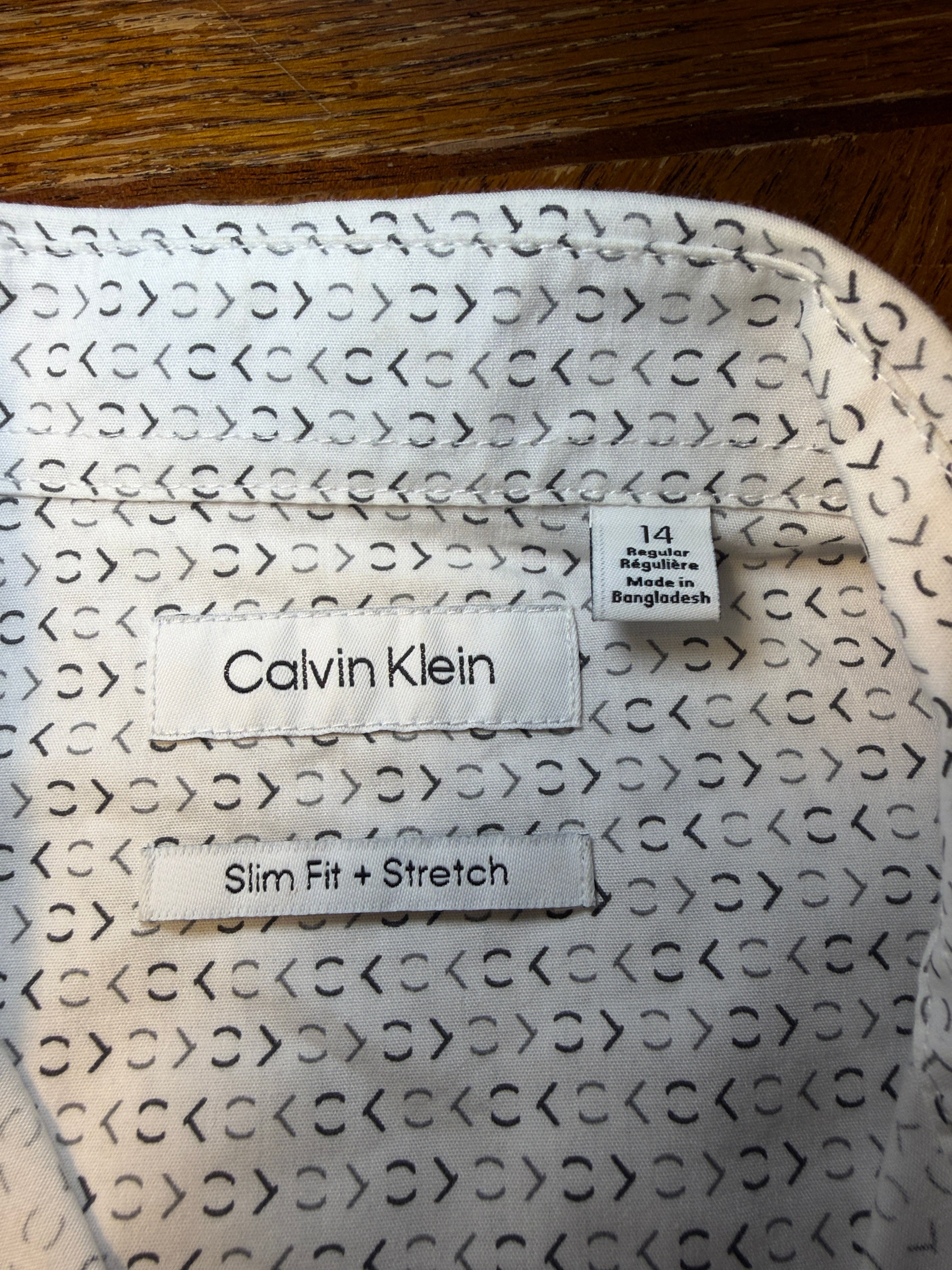 Calvin Klein youth White CK-Print Slim Fit Stretch Dress Shirt – Size 14 Regular