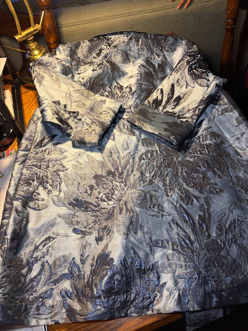 Chico's Silver Blue Jacquard Floral Coat Jacket – Size 00P (US 0/2P)