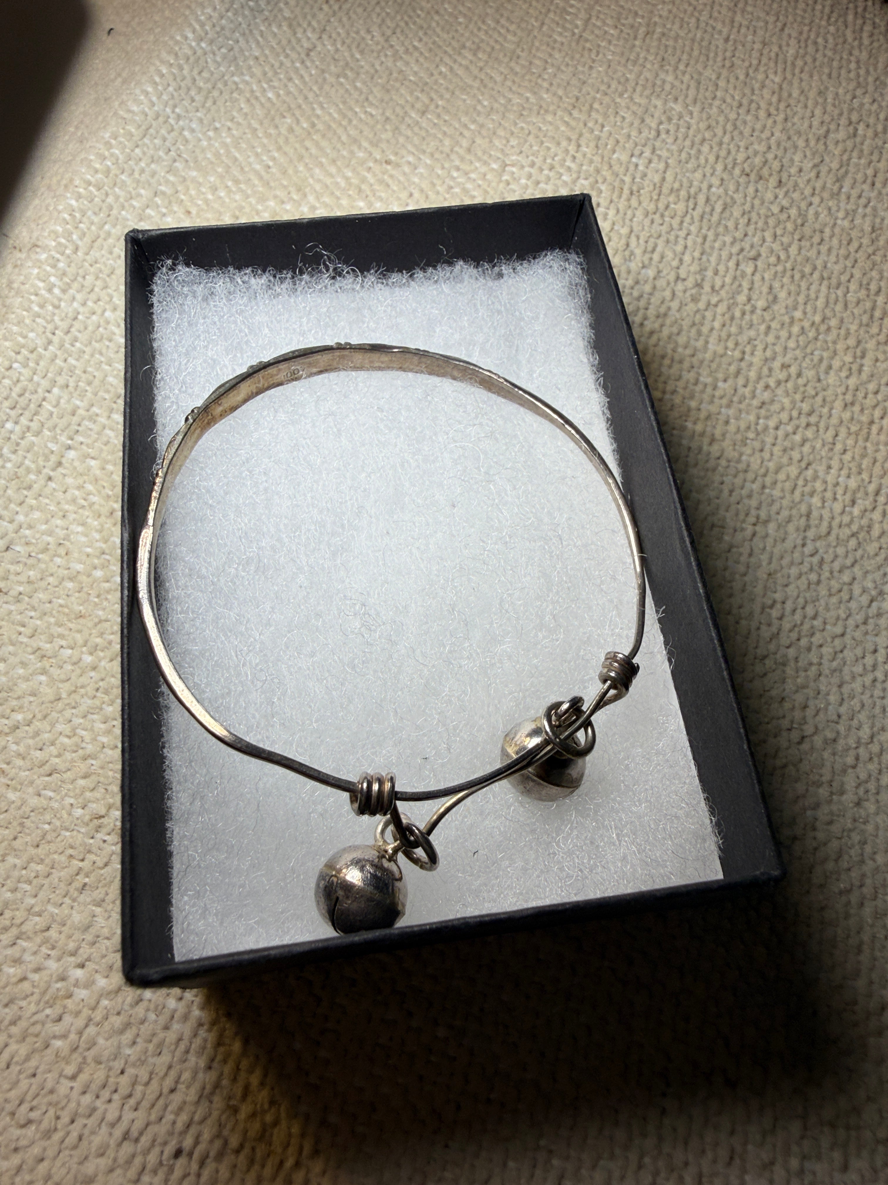 Silver Childs Wire Bangle Bracelet with Double Ball Charms