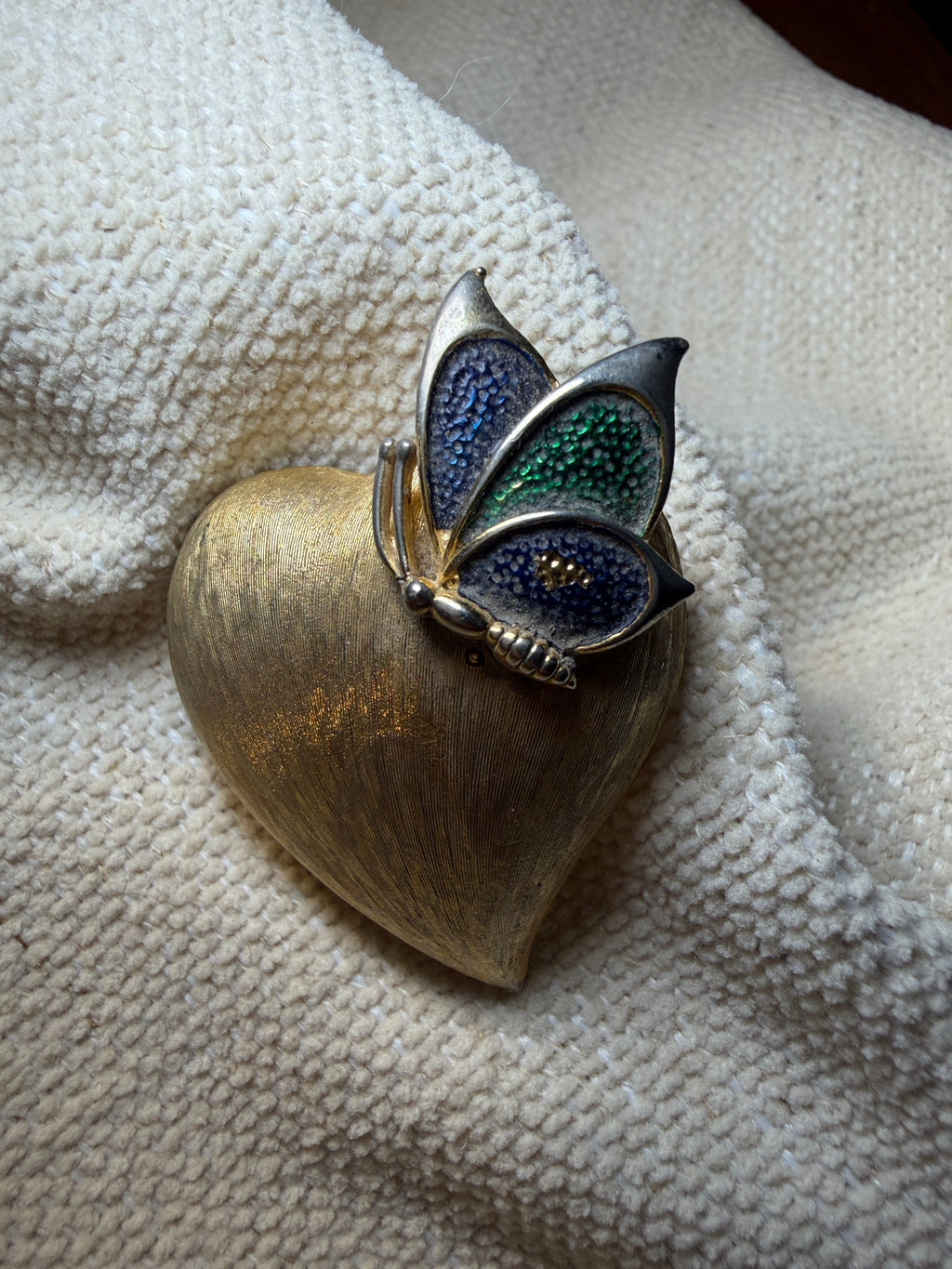 Vintage Gold-Tone Brushed Heart & Blue Green Enamel Butterfly Brooch