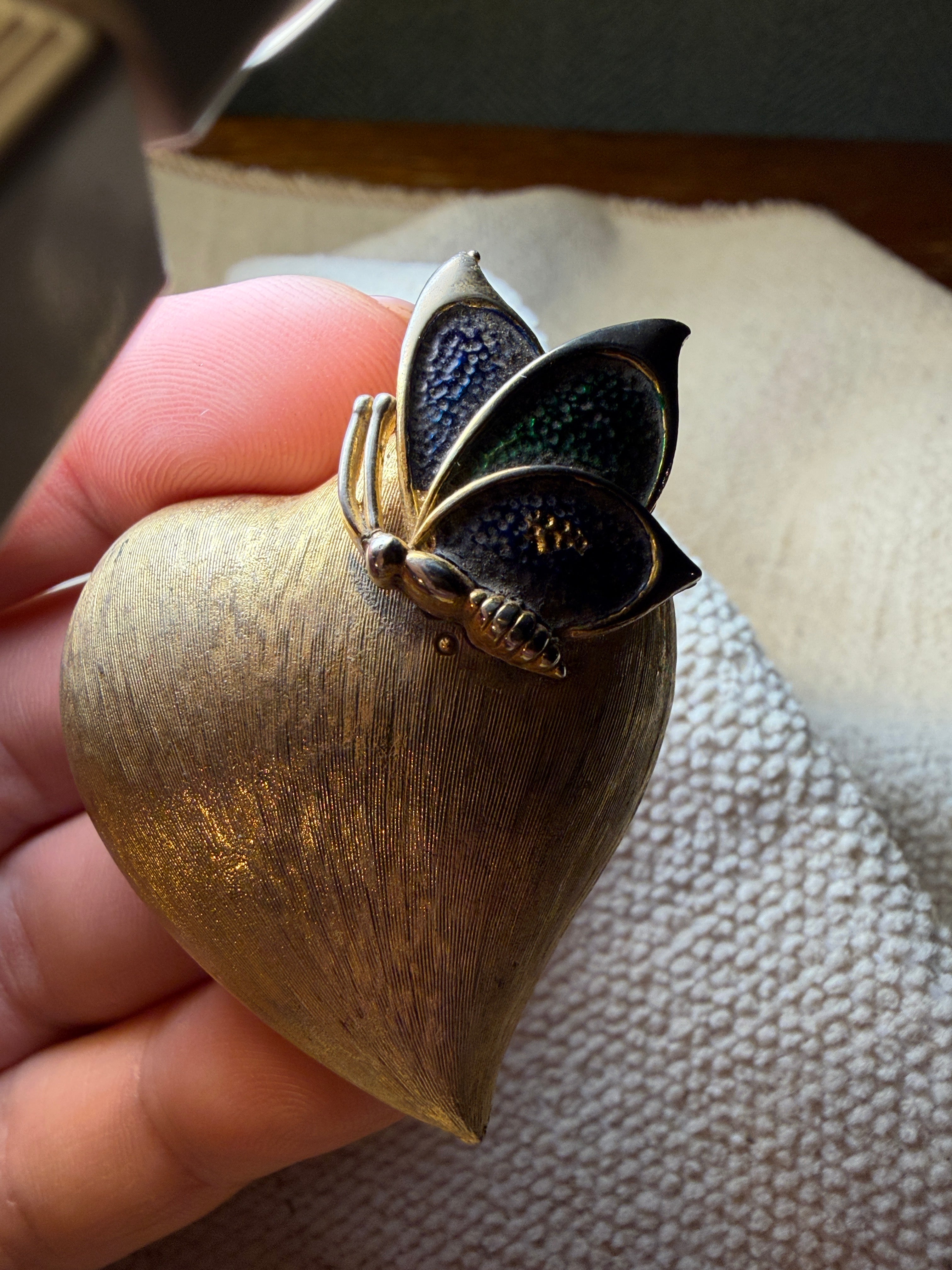 Vintage Gold-Tone Brushed Heart & Blue Green Enamel Butterfly Brooch