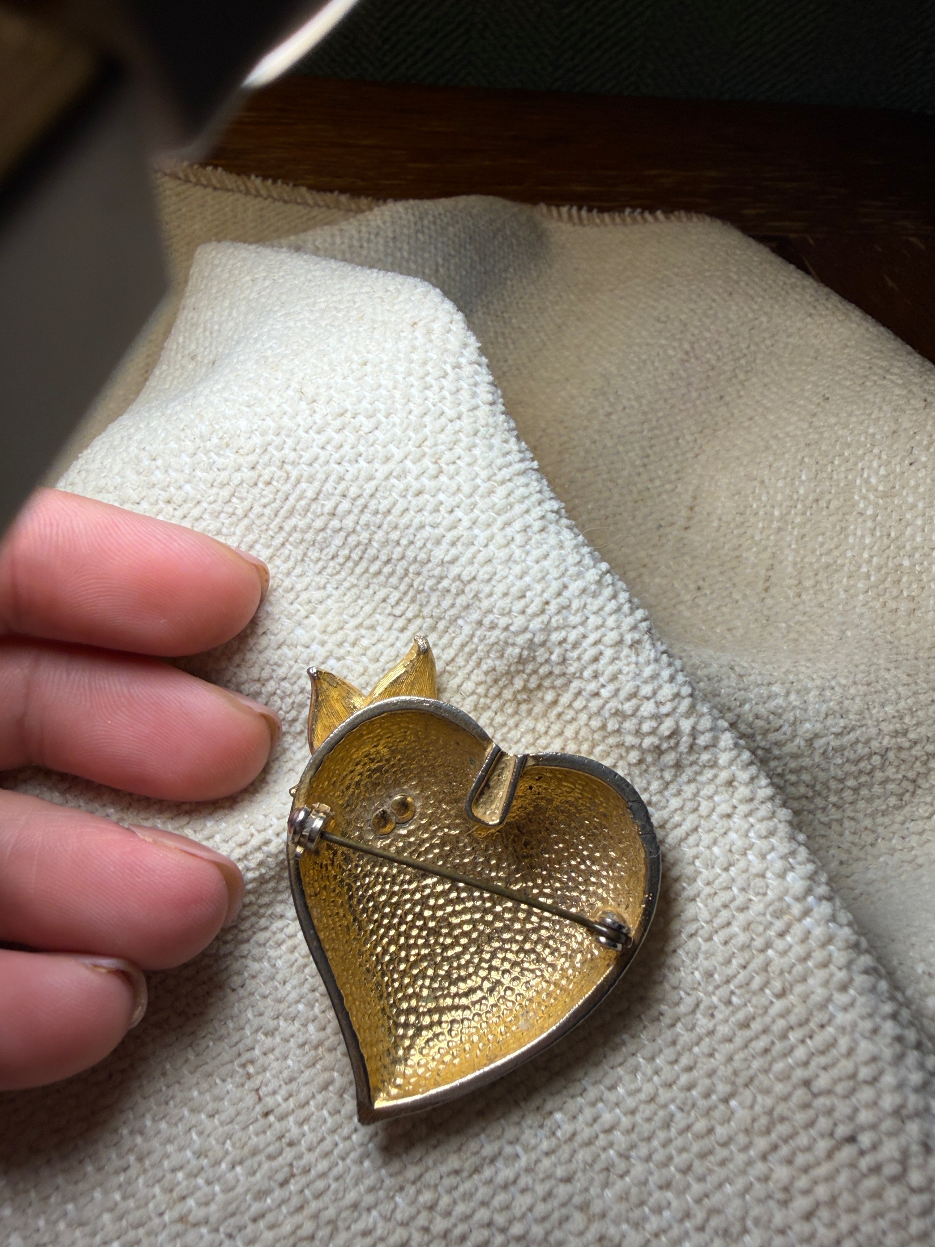Vintage Gold-Tone Brushed Heart & Blue Green Enamel Butterfly Brooch