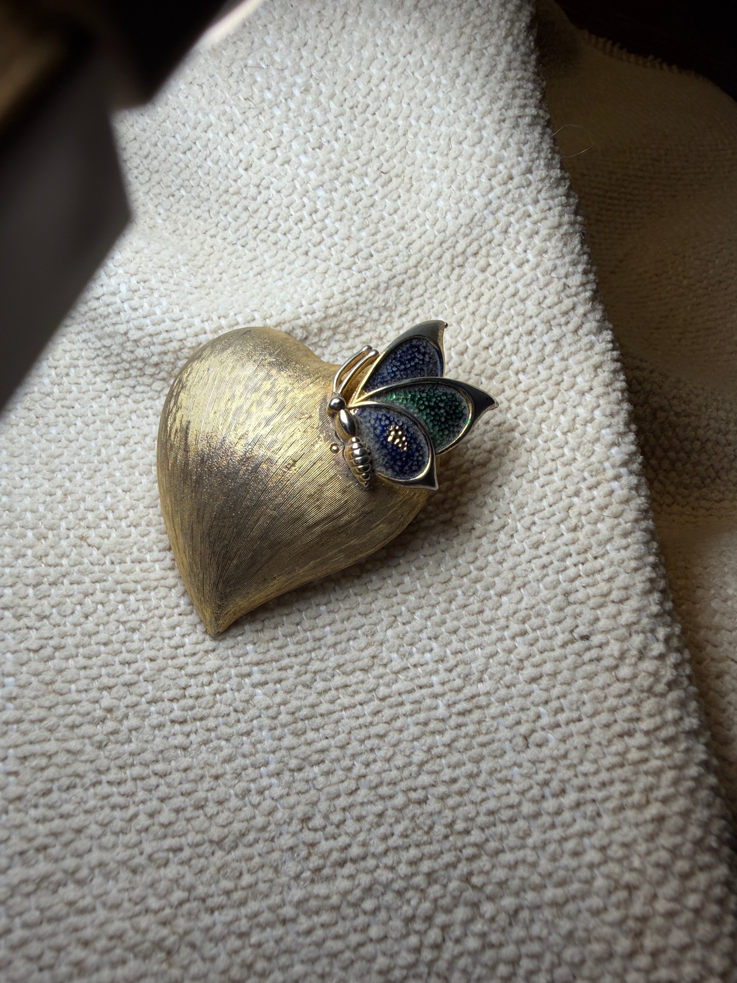Vintage Gold-Tone Brushed Heart & Blue Green Enamel Butterfly Brooch