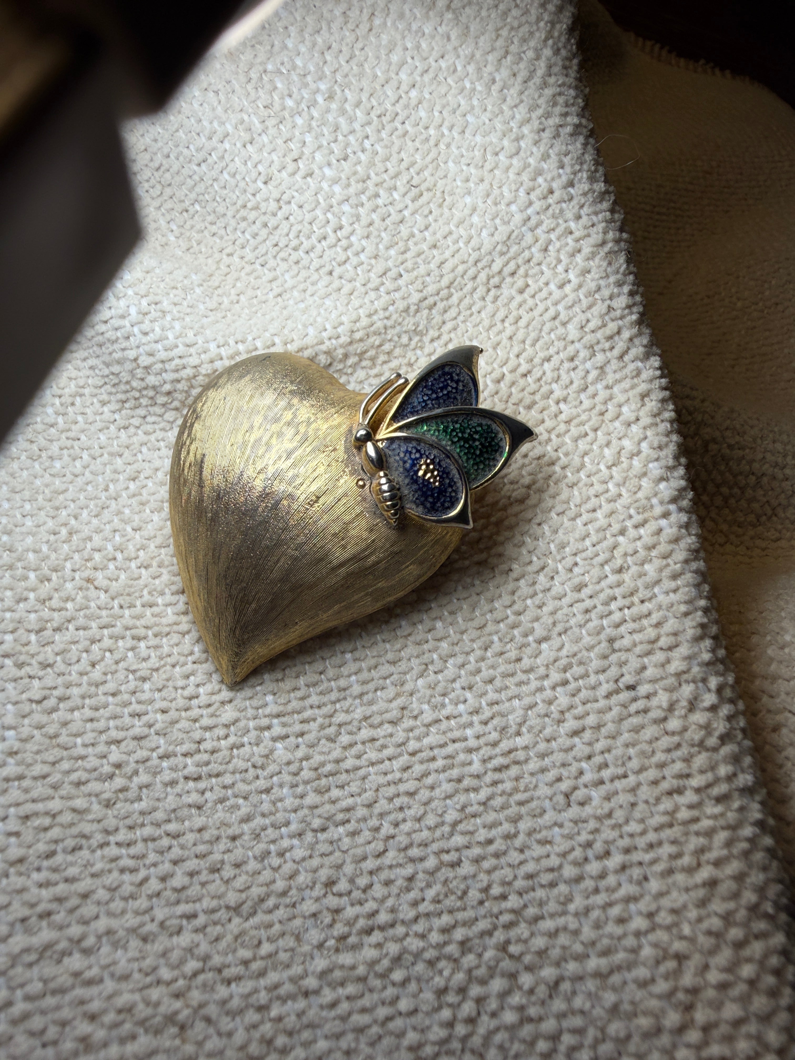 Vintage Gold-Tone Brushed Heart & Blue Green Enamel Butterfly Brooch