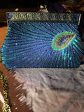 Peacock Beaded Evening Clutch with Gold Chain Strap