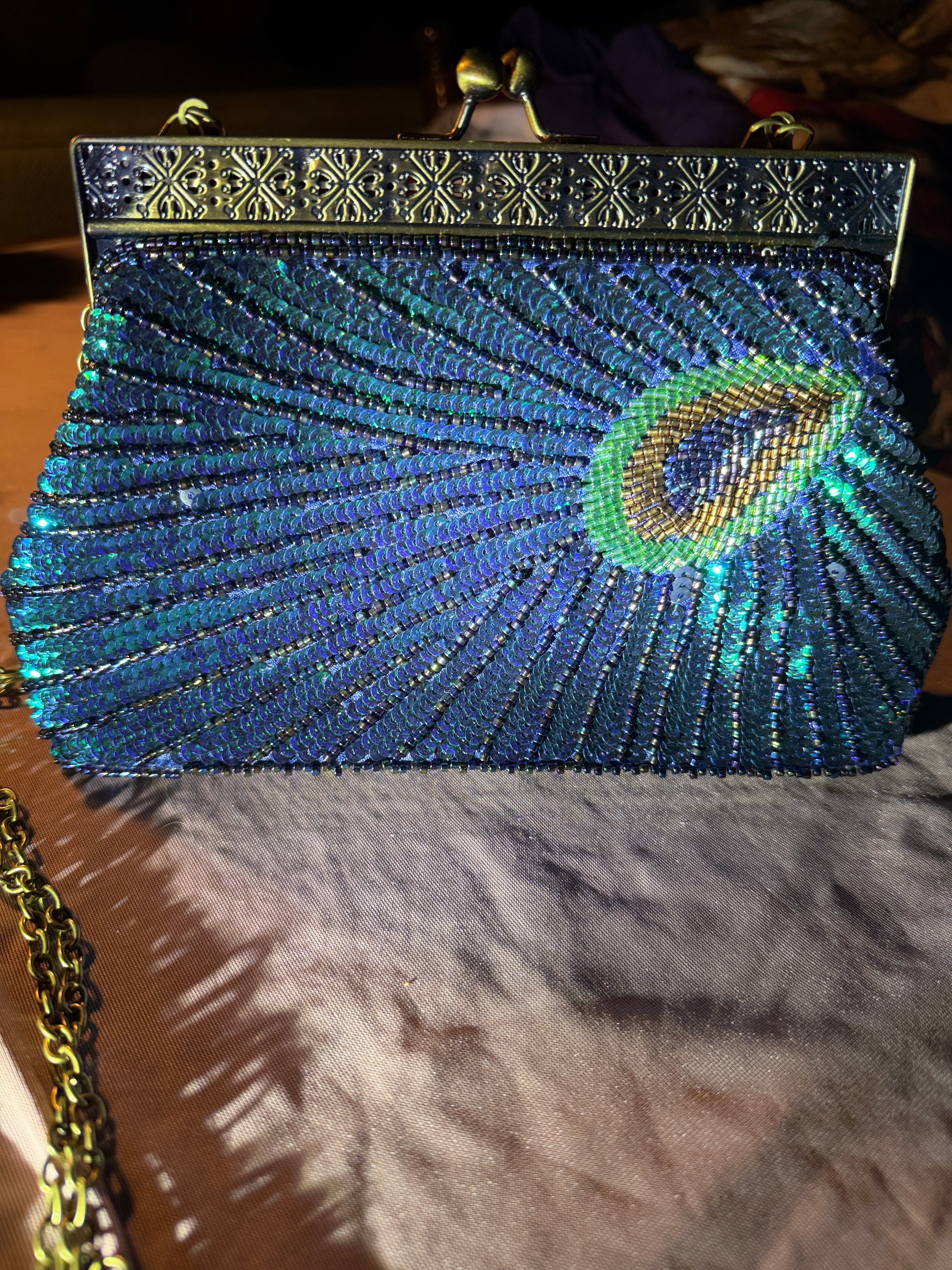 Peacock Beaded Evening Clutch with Gold Chain Strap