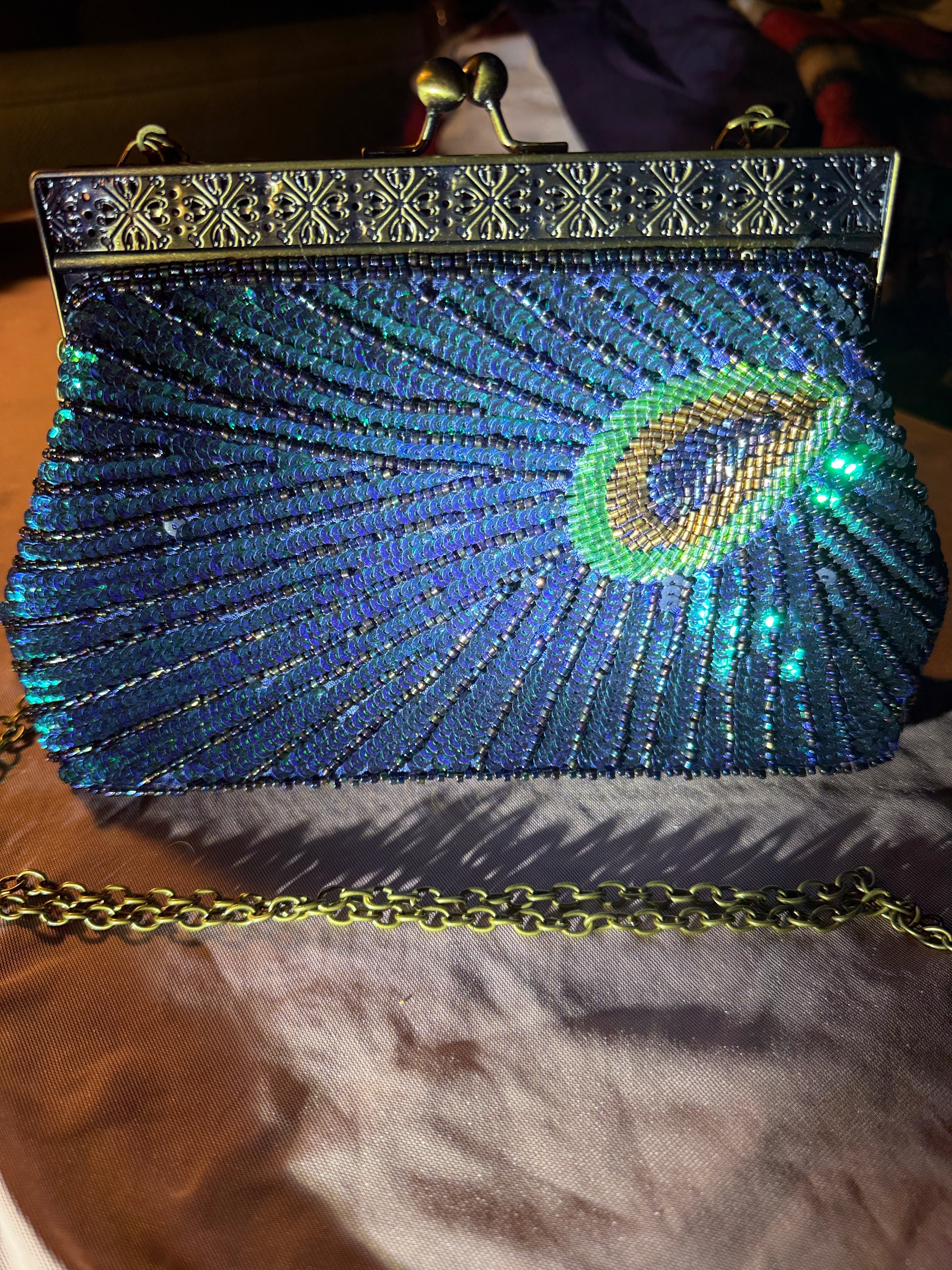 Peacock Beaded Evening Clutch with Gold Chain Strap