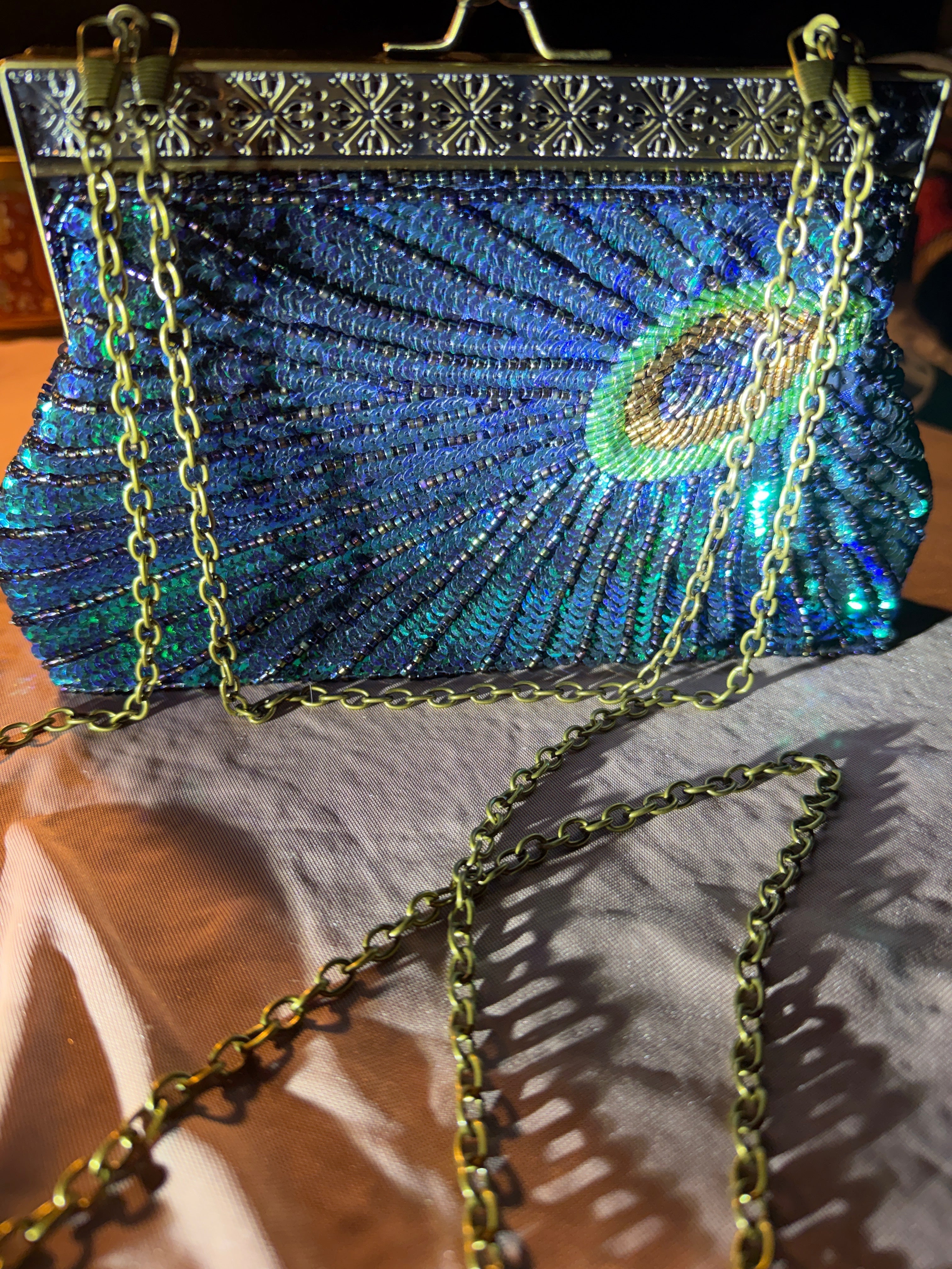 Peacock Beaded Evening Clutch with Gold Chain Strap