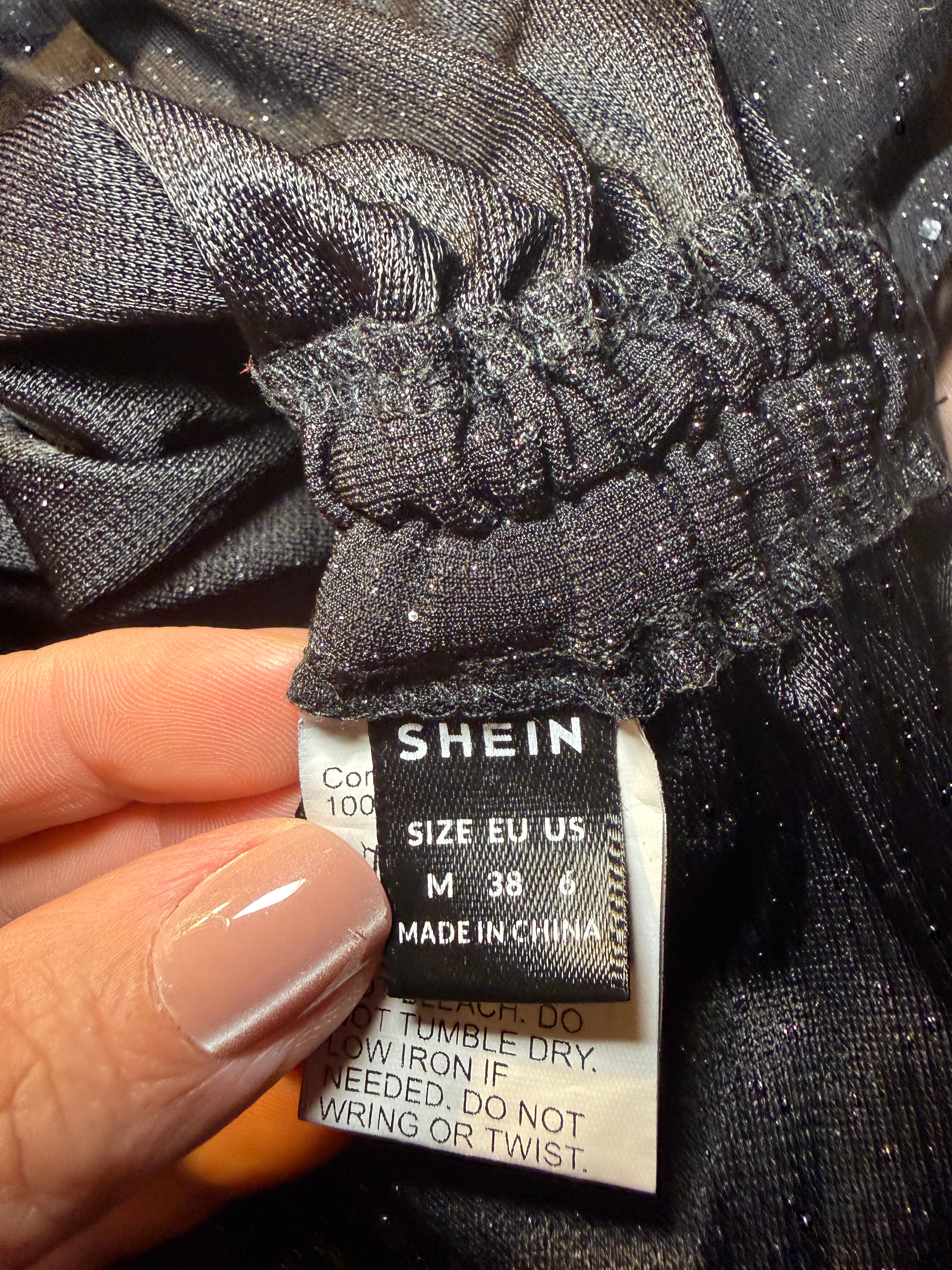 SHEIN Black Glitter Ruched Puff Sleeve Mini Dress