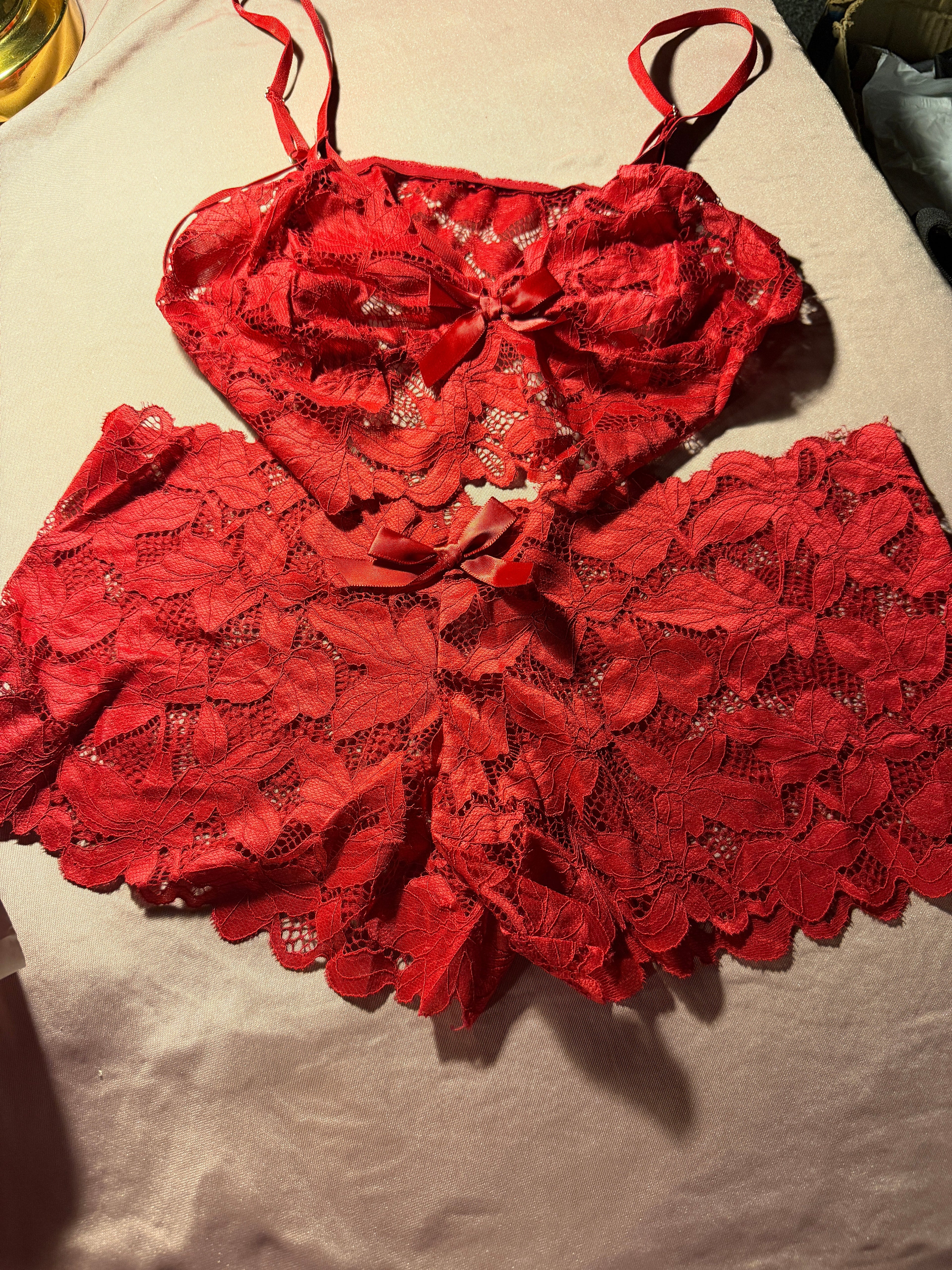 Red Floral Lace Lingerie Set – Cami & Shorts
