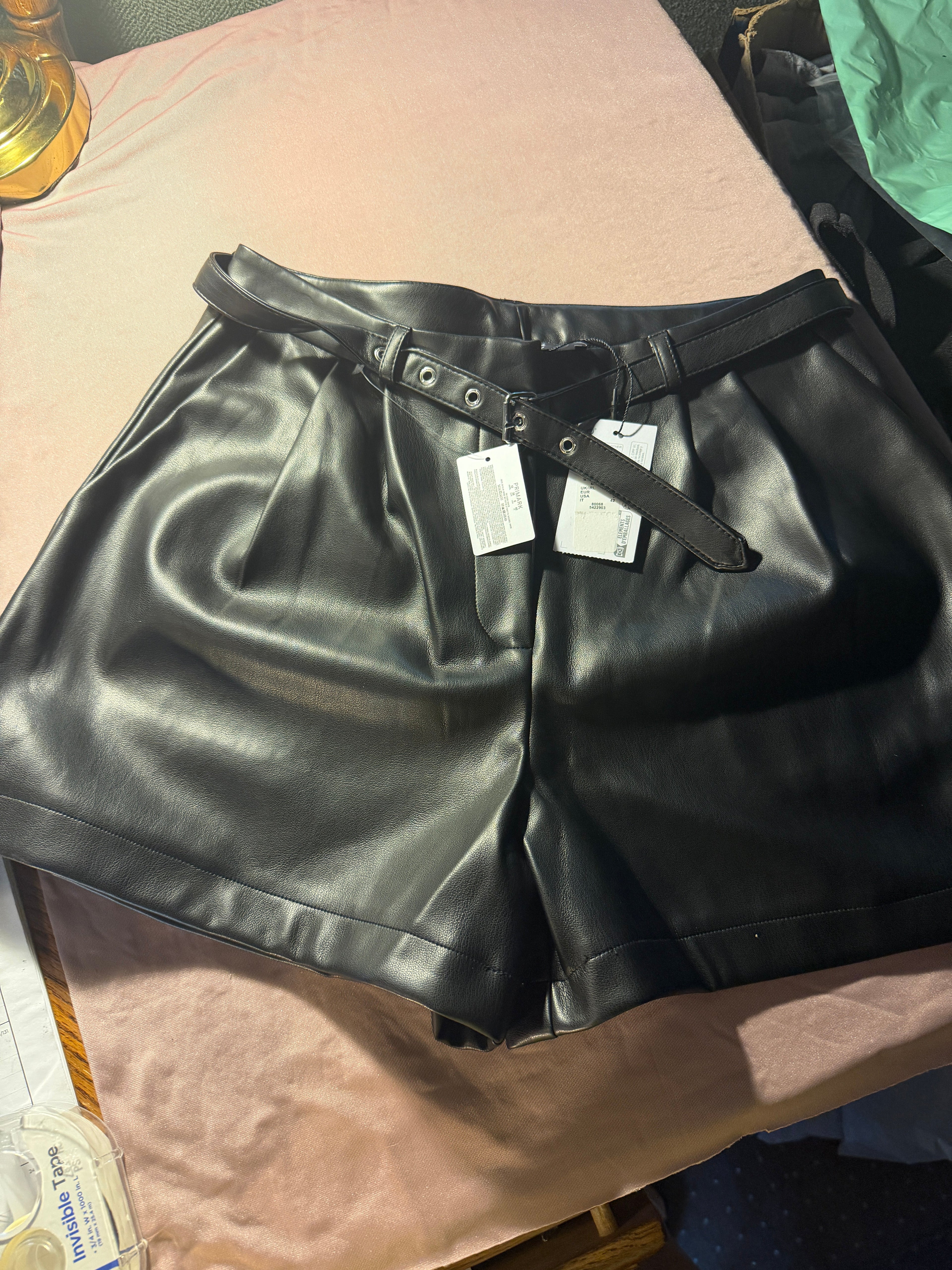 Primark Black Faux Leather Belted Shorts – Size 6 NWT