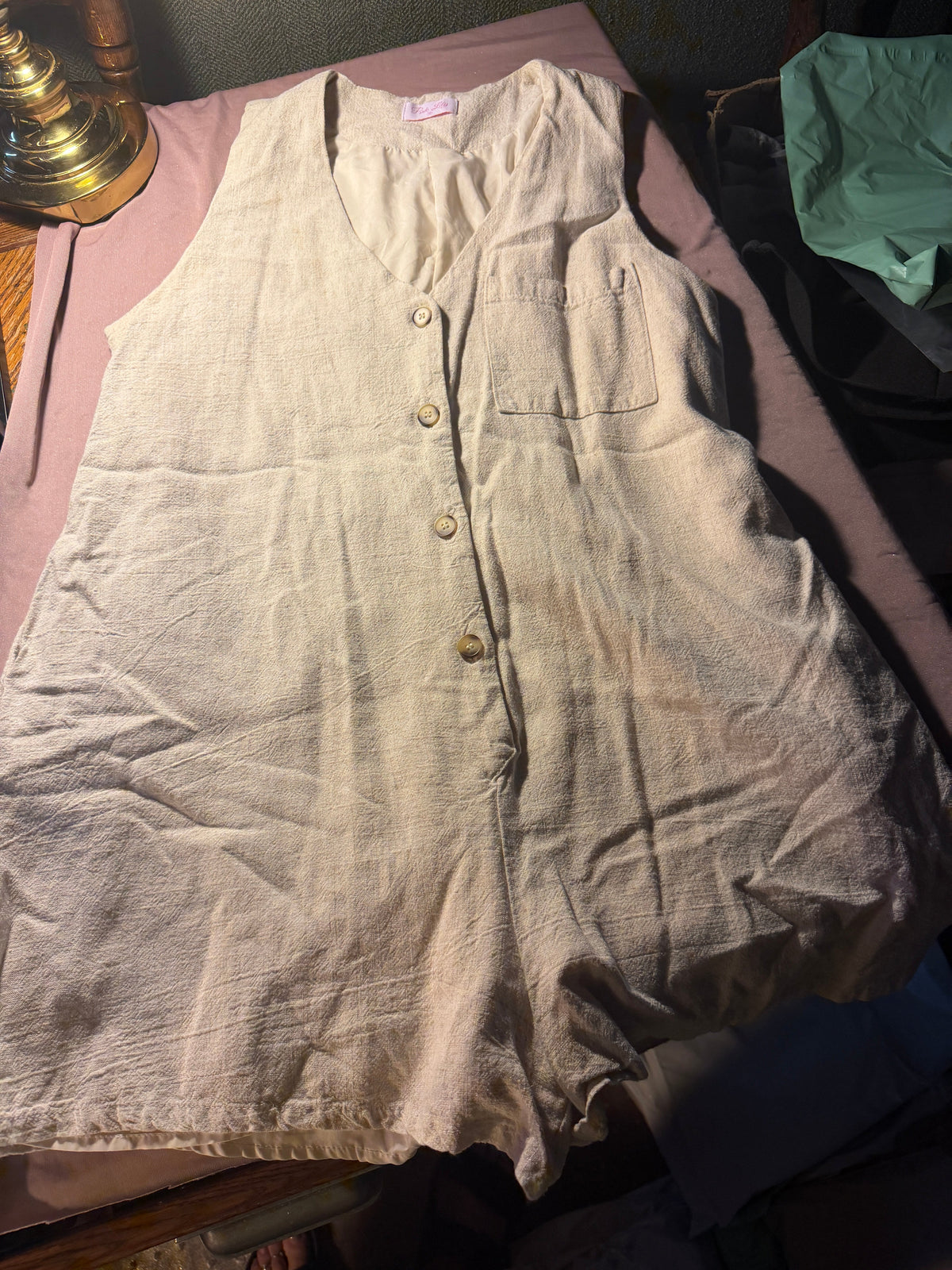 Vintage Cream Textured Button-Front Sleeveless Romper