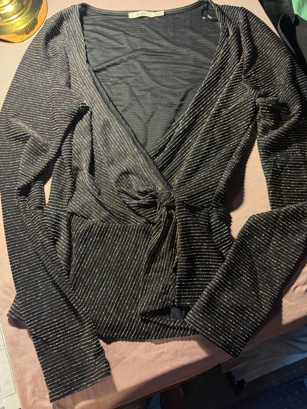 Mi Ami Black & Silver Metallic Wrap Top – Size M