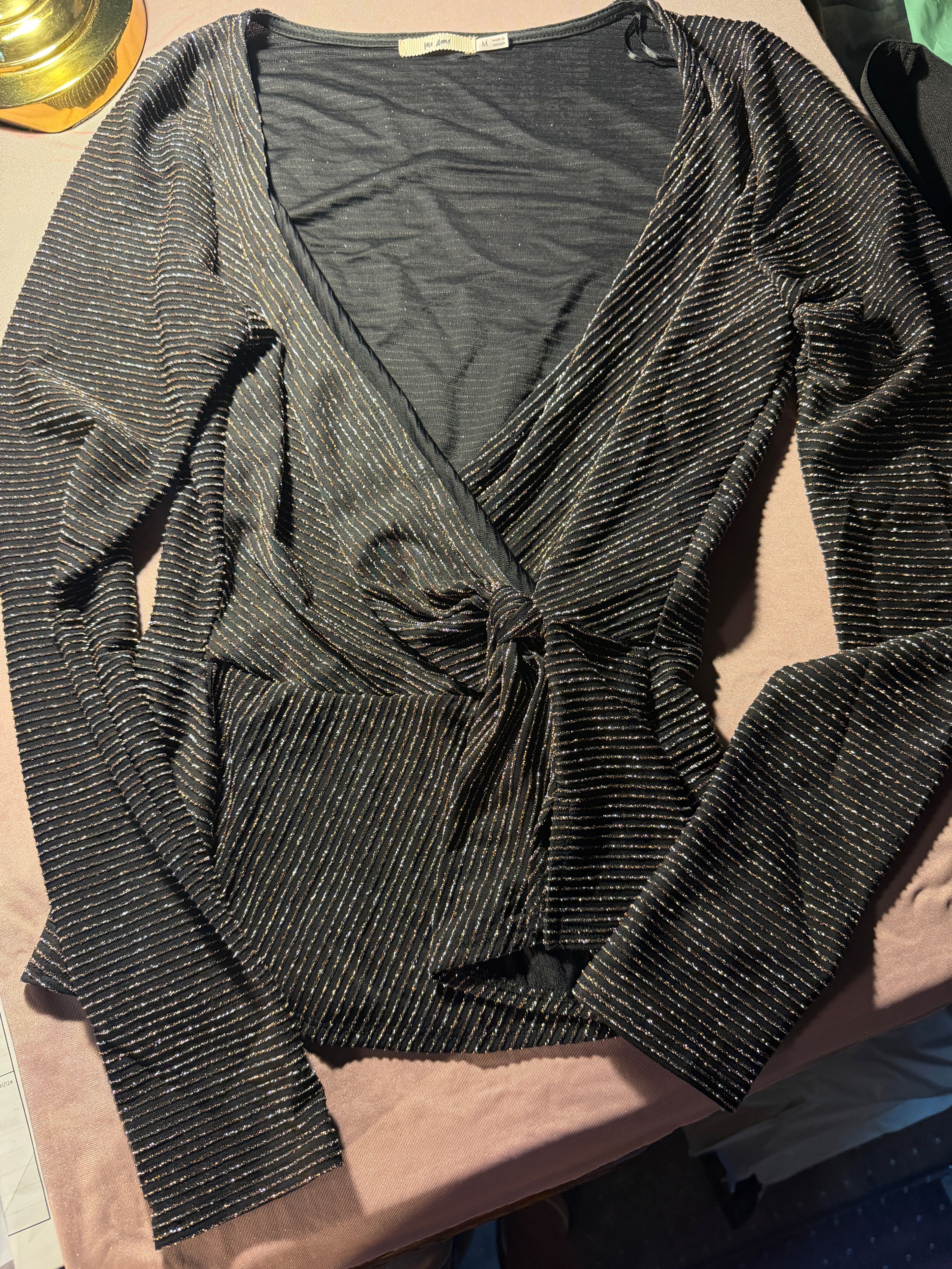Mi Ami Black & Silver Metallic Wrap Top – Size M