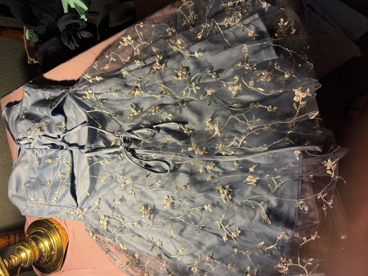 Shein Dusty Blue Floral Embroidered Strapless Mini Dress