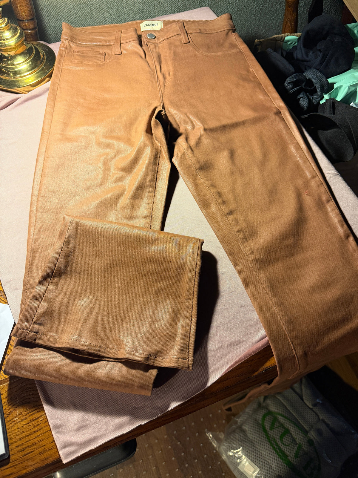 L'Agence Gold Metallic Coated Wide-Leg Jeans – Size 28