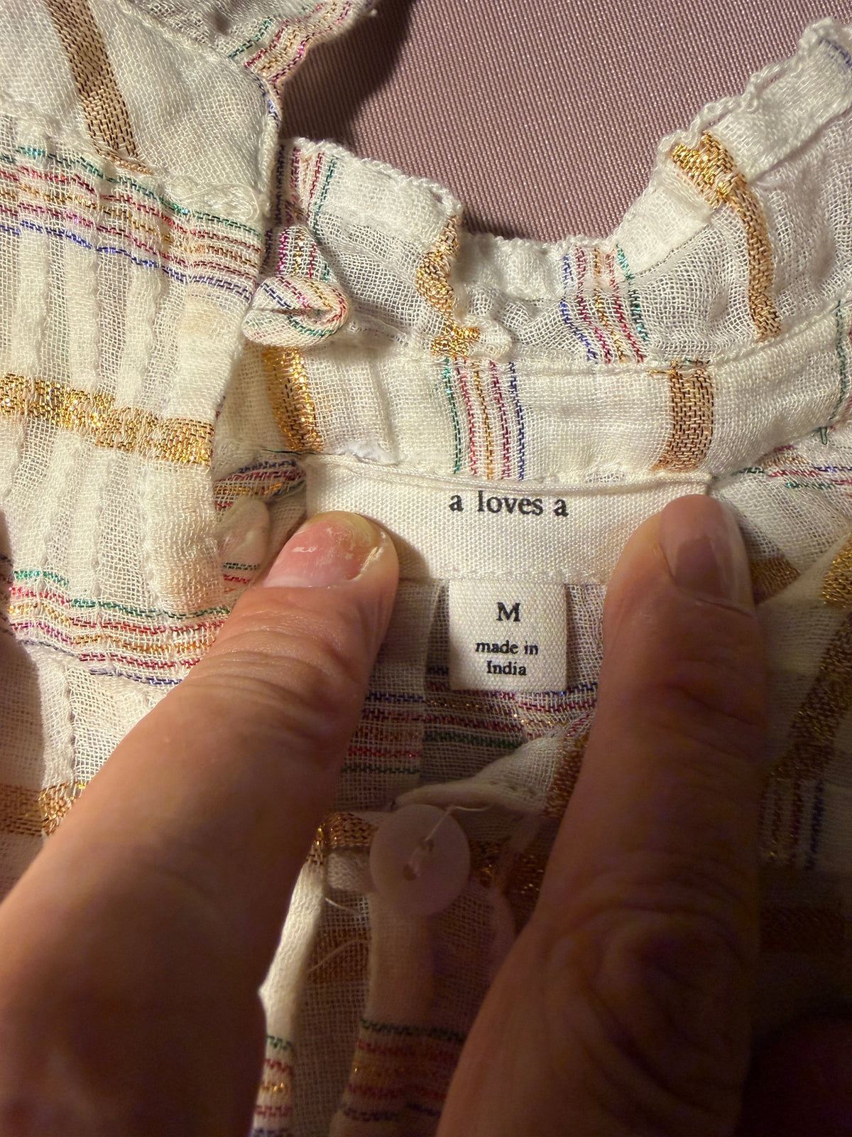 A Loves A Metallic Stripe Smocked Blouse – Ivory/Gold (M)